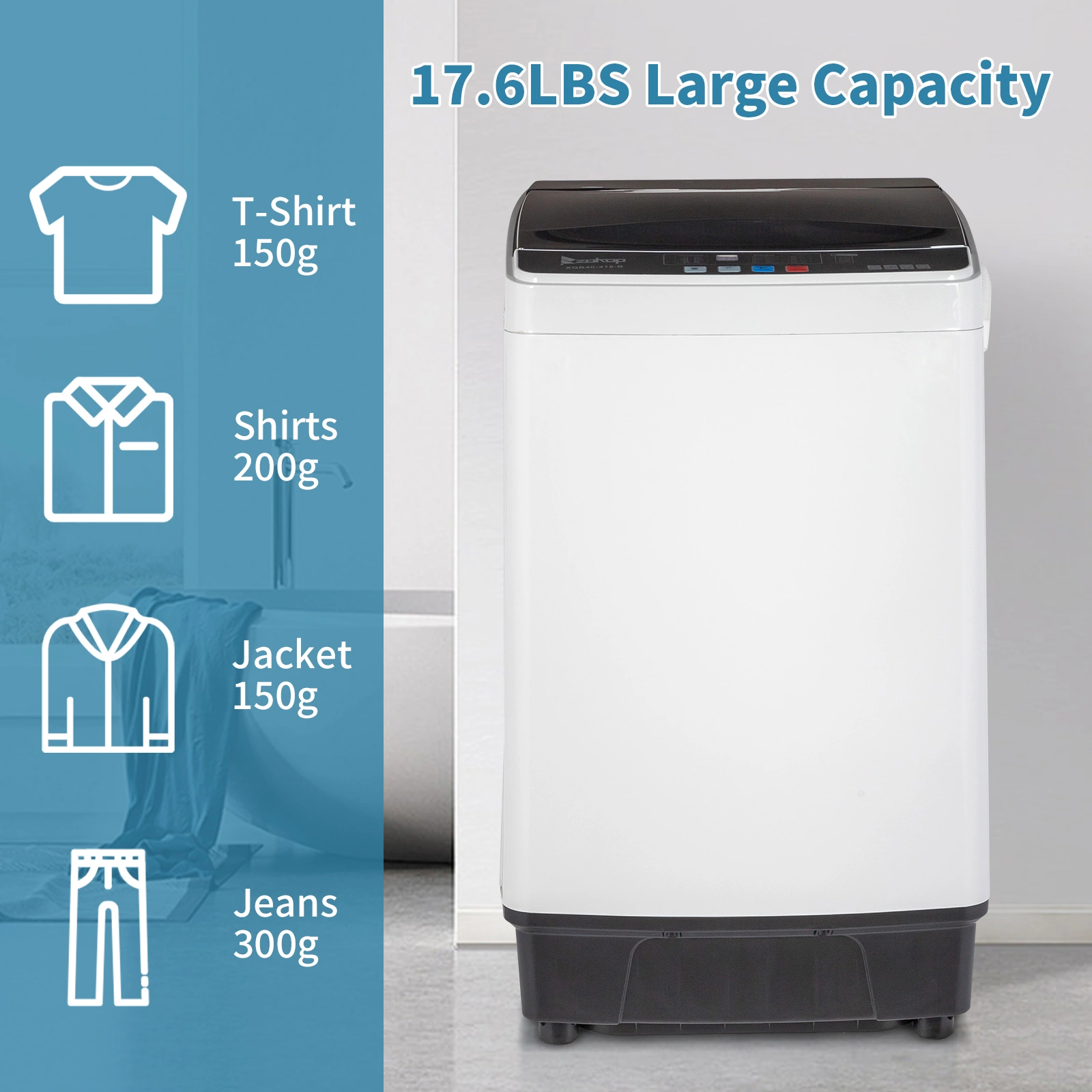 Full-Automatic Washing Machine Top Load Portable Compact Laundry Washer Spin with Drain Pump,10 programs 8 Water Level Selections with LED Display 17.8 Lbs Capacity, black view 7