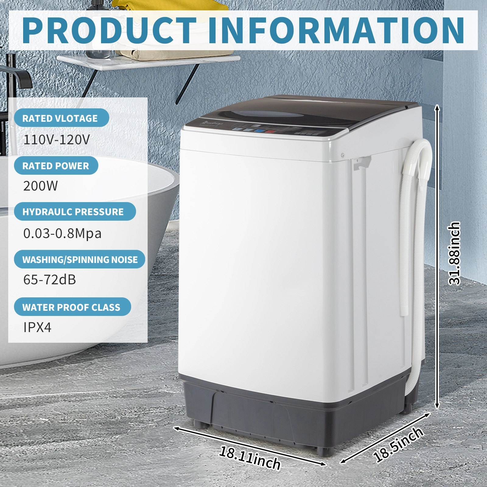Full-Automatic Washing Machine Top Load Portable Compact Laundry Washer Spin with Drain Pump,10 programs 8 Water Level Selections with LED Display 17.8 Lbs Capacity, black view 9