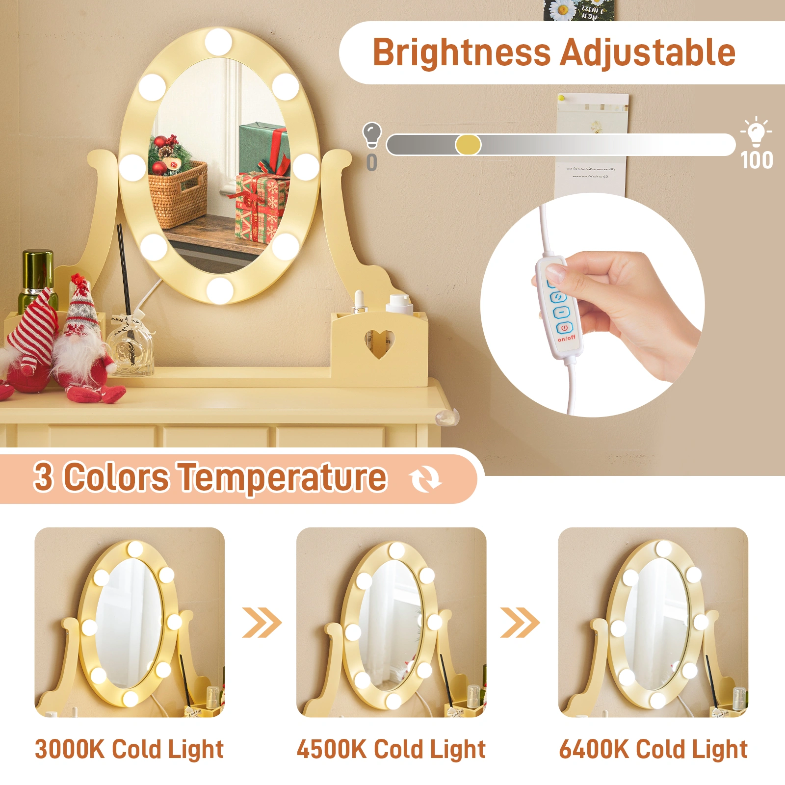 Kids Vanity Set with Mirror and Lights and Stool, 5 Storage Drawers, Pretend Play Princess Makeup Desk Dressing Table and Stool Set for Little Girls Age 3+, Macaroon Orange view 15