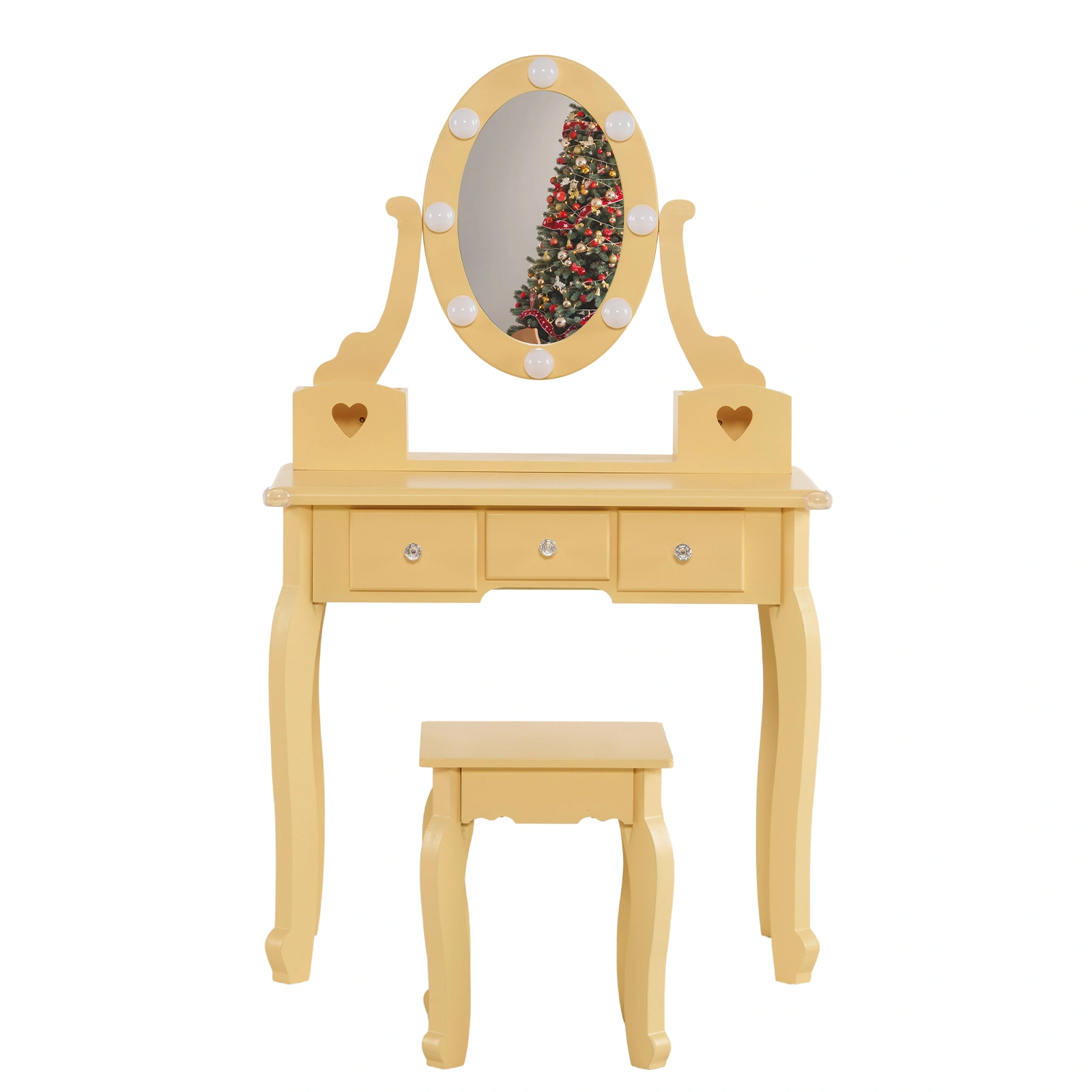 Kids Vanity Set with Mirror and Lights and Stool, 5 Storage Drawers, Pretend Play Princess Makeup Desk Dressing Table and Stool Set for Little Girls Age 3+, Macaroon Orange view 16
