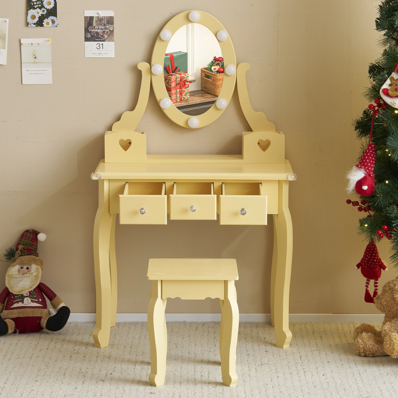Kids Vanity Set with Mirror and Lights and Stool, 5 Storage Drawers, Pretend Play Princess Makeup Desk Dressing Table and Stool Set for Little Girls Age 3+, Macaroon Orange view 7