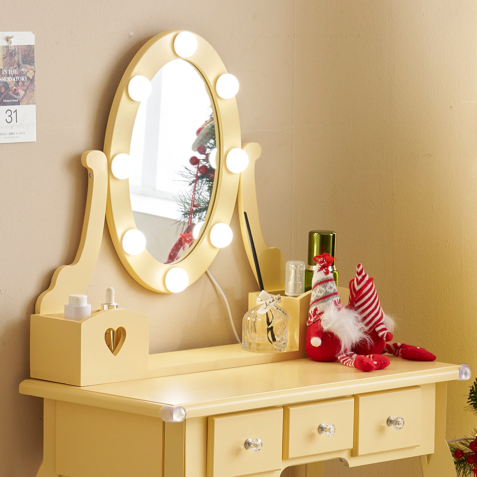 Kids Vanity Set with Mirror and Lights and Stool, 5 Storage Drawers, Pretend Play Princess Makeup Desk Dressing Table and Stool Set for Little Girls Age 3+, Macaroon Orange view 8