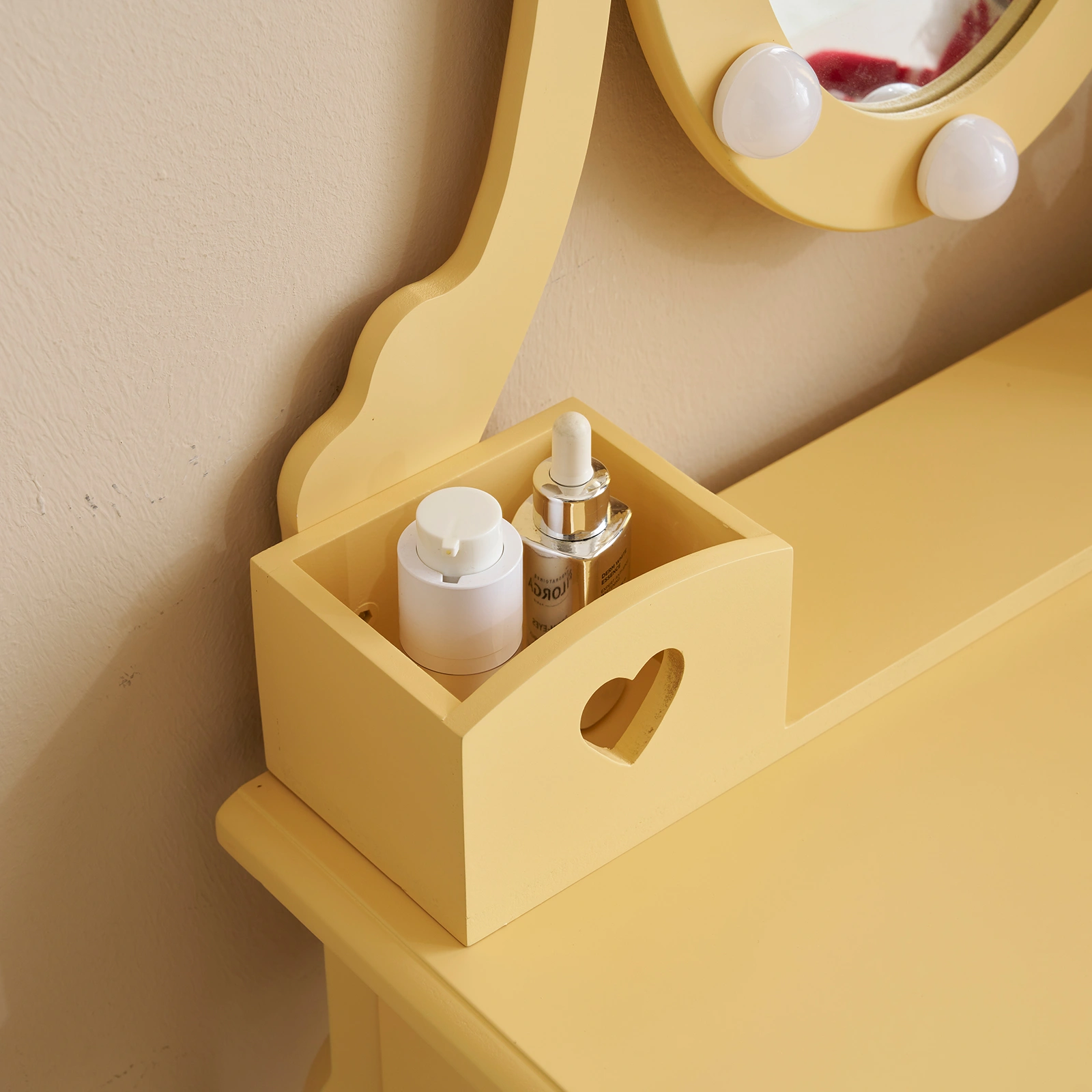 Kids Vanity Set with Mirror and Lights and Stool, 5 Storage Drawers, Pretend Play Princess Makeup Desk Dressing Table and Stool Set for Little Girls Age 3+, Macaroon Orange view 9