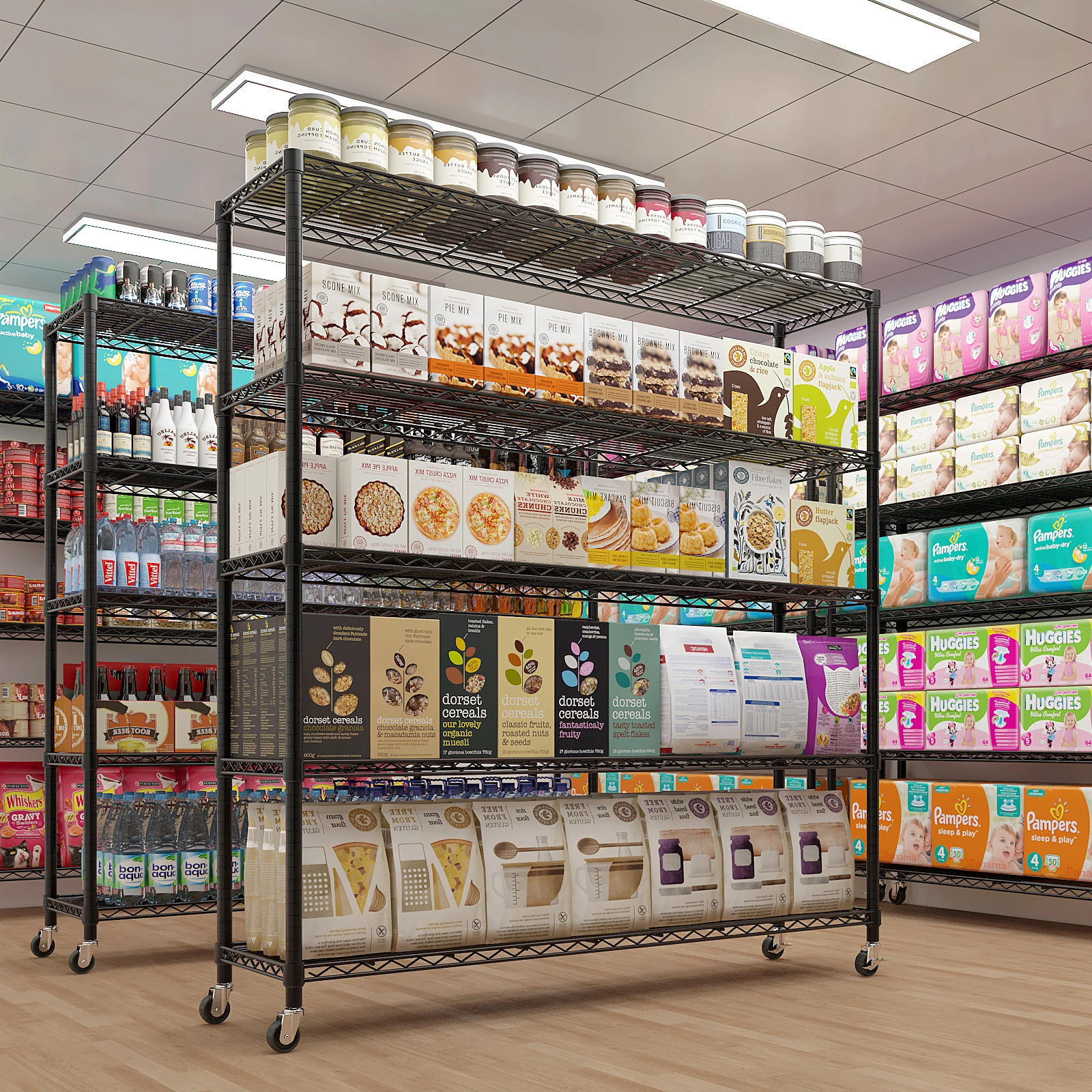 Heavy Duty Storage Shelves 59.06" W Wire Shelving Unit with Wheels 3125LBS NSF Metal Shelves for Storage Adjustable Garage Storage Rack Pantry Shelf Commercial Shelving, 74.02" H X 59.06''W X 17.72 view 14