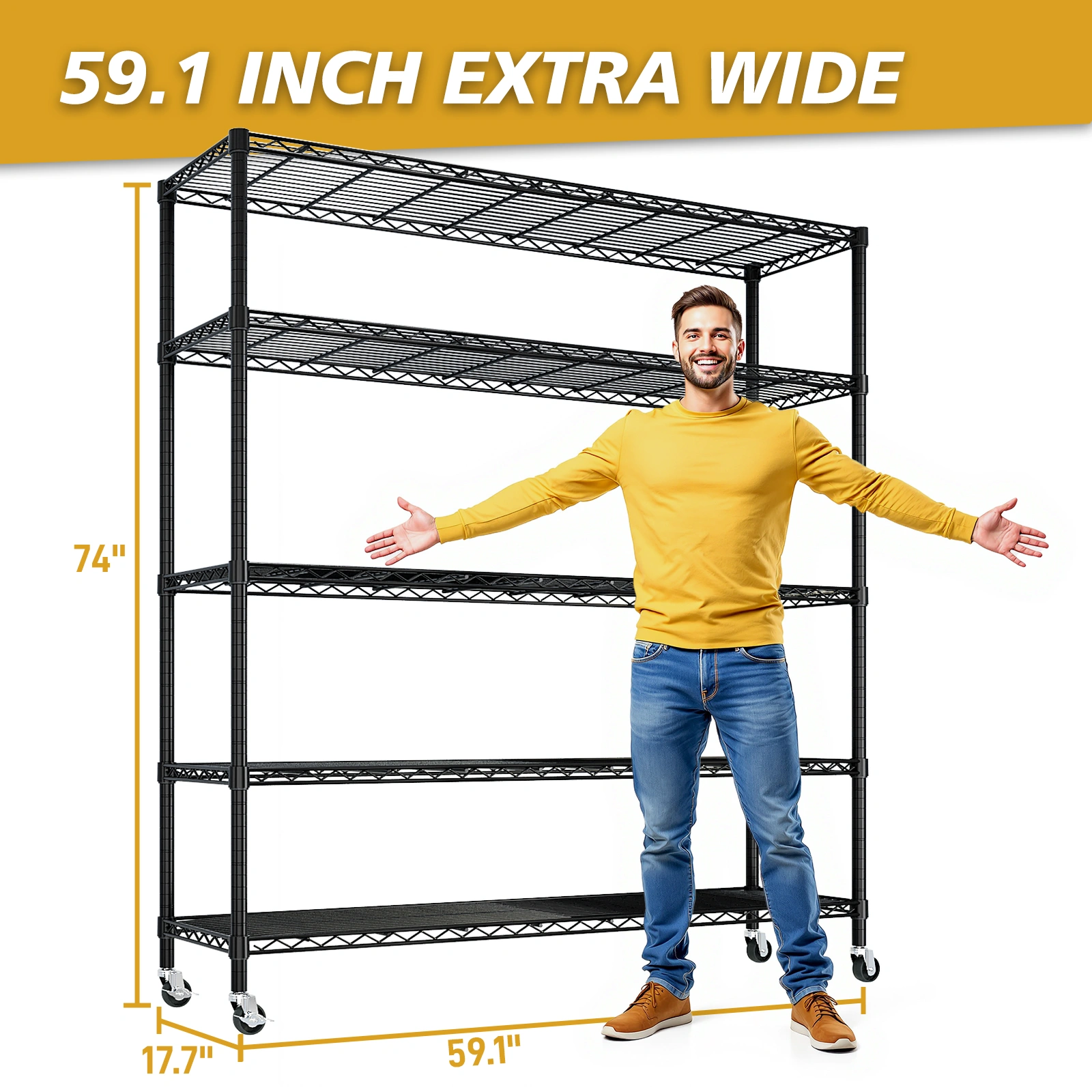 Heavy Duty Storage Shelves 59.06" W Wire Shelving Unit with Wheels 3125LBS NSF Metal Shelves for Storage Adjustable Garage Storage Rack Pantry Shelf Commercial Shelving, 74.02" H X 59.06''W X 17.72 view 8