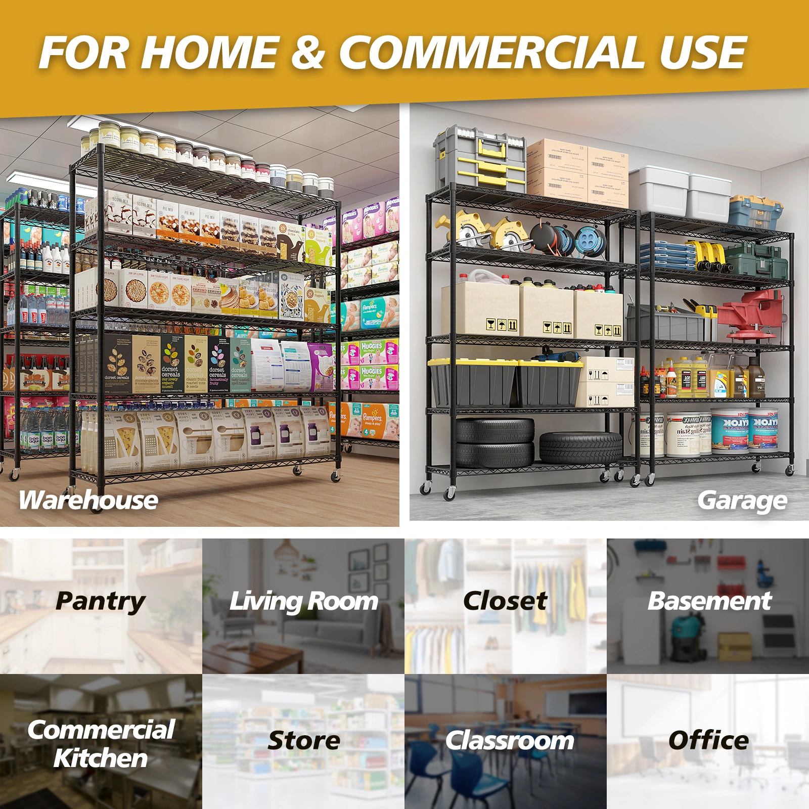 Heavy Duty Storage Shelves 59.06" W Wire Shelving Unit with Wheels 3125LBS NSF Metal Shelves for Storage Adjustable Garage Storage Rack Pantry Shelf Commercial Shelving, 74.02" H X 59.06''W X 17.72 view 9