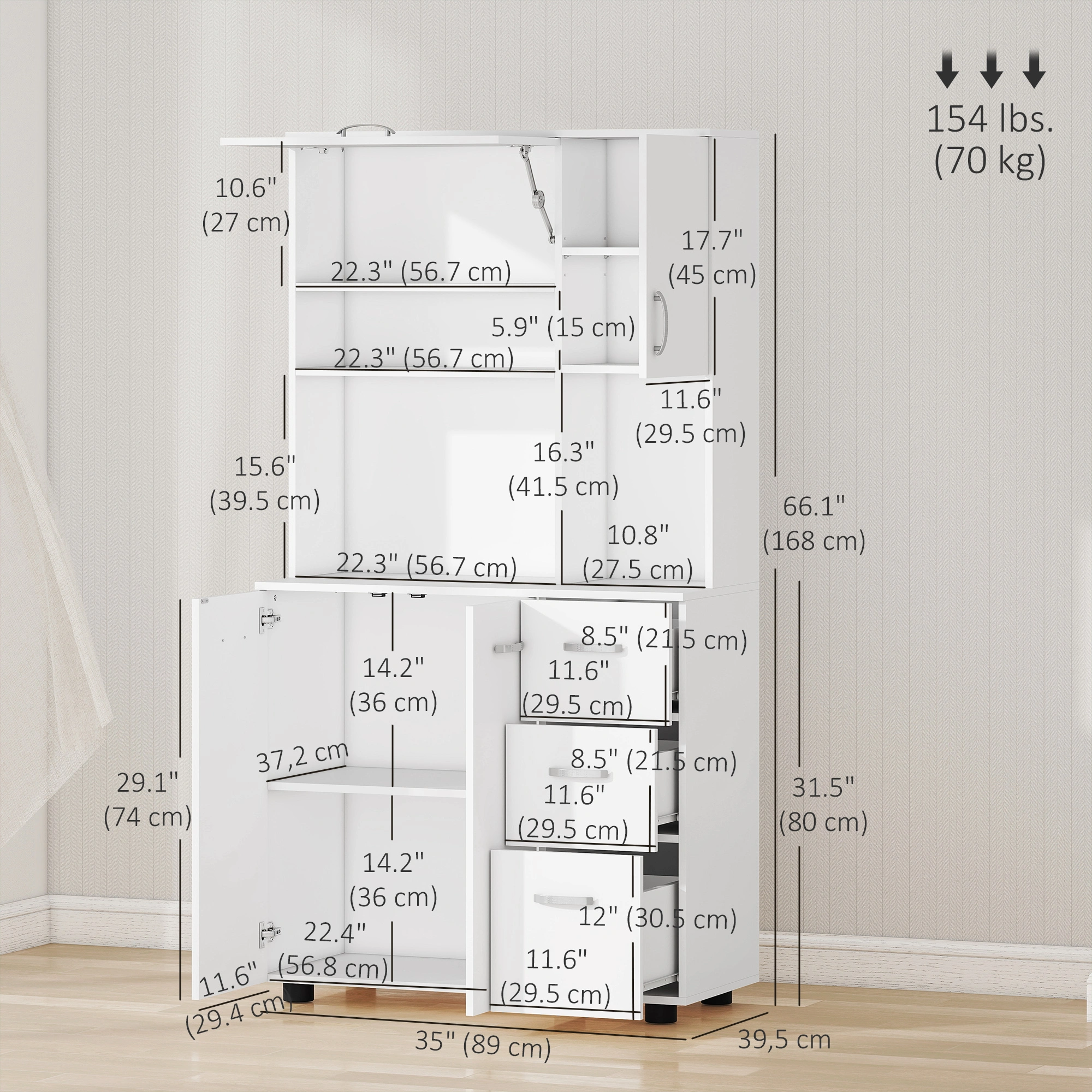 Modern Kitchen Storage Cabinet | 3-Tier Cupboard with Shelves & Doors | Freestanding Pantry Organizer for Home & Office Use view 2
