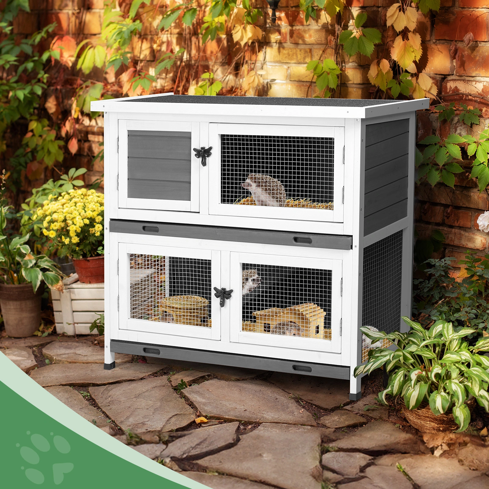 2 Story Solid Wood Rabbit Hutch Bunny Cage with 2 Large Main Rooms, Indoor Outdoor Rabbit House Guinea Pig Cage Pet House for Small Animals with 2 Removable Trays, Grey view 10