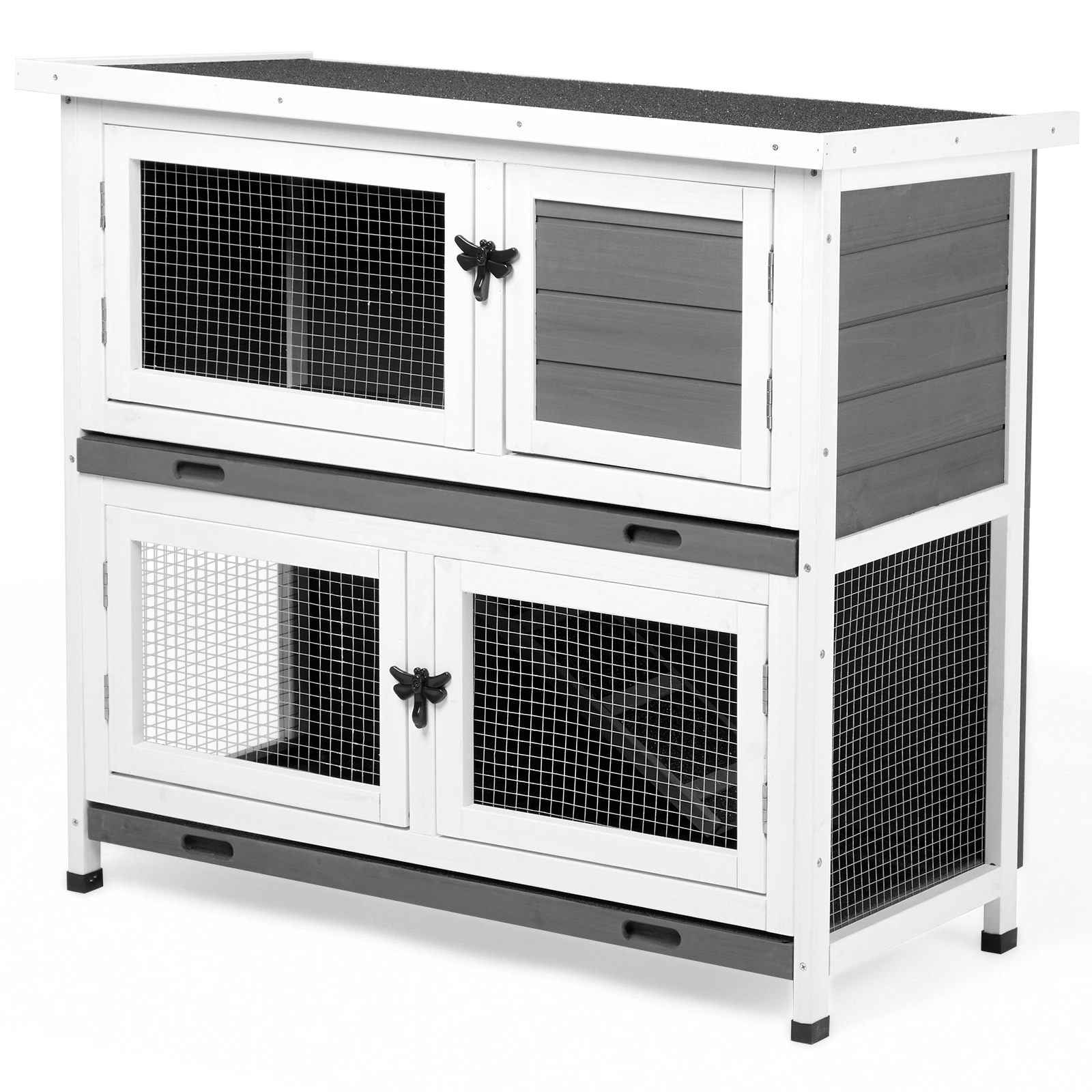 2 Story Solid Wood Rabbit Hutch Bunny Cage with 2 Large Main Rooms, Indoor Outdoor Rabbit House Guinea Pig Cage Pet House for Small Animals with 2 Removable Trays, Grey view 11