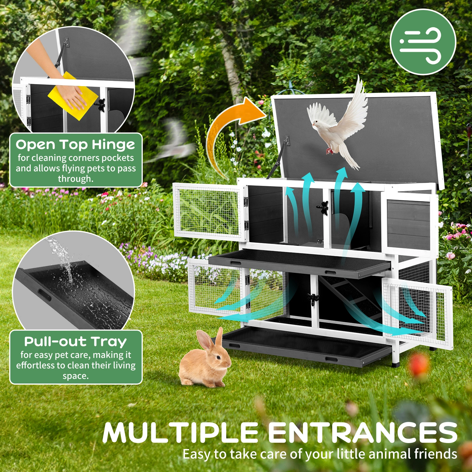 2 Story Solid Wood Rabbit Hutch Bunny Cage with 2 Large Main Rooms, Indoor Outdoor Rabbit House Guinea Pig Cage Pet House for Small Animals with 2 Removable Trays, Grey view 16