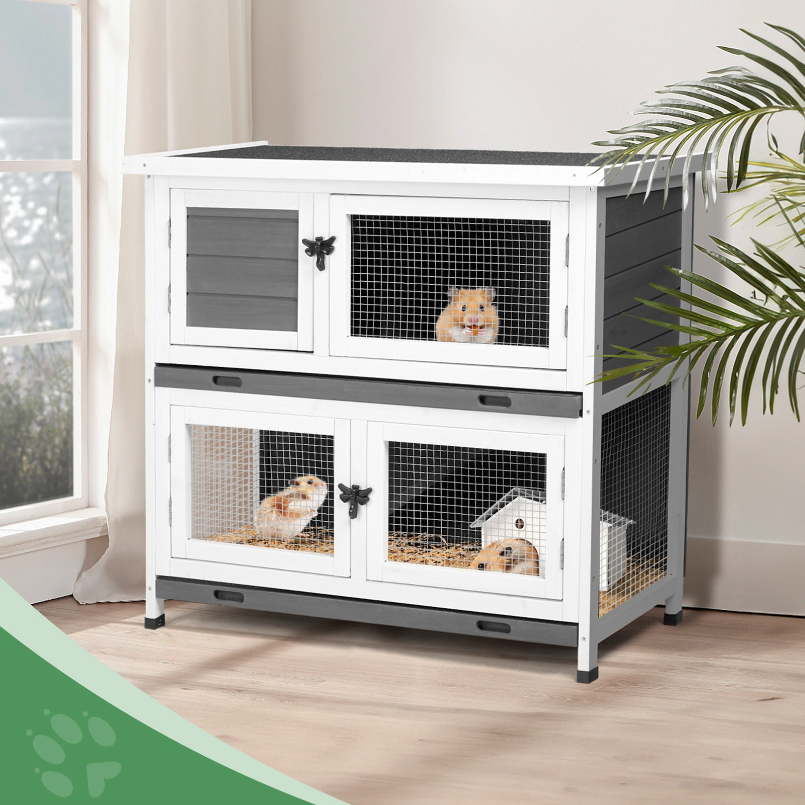 2 Story Solid Wood Rabbit Hutch Bunny Cage with 2 Large Main Rooms, Indoor Outdoor Rabbit House Guinea Pig Cage Pet House for Small Animals with 2 Removable Trays, Grey view 17