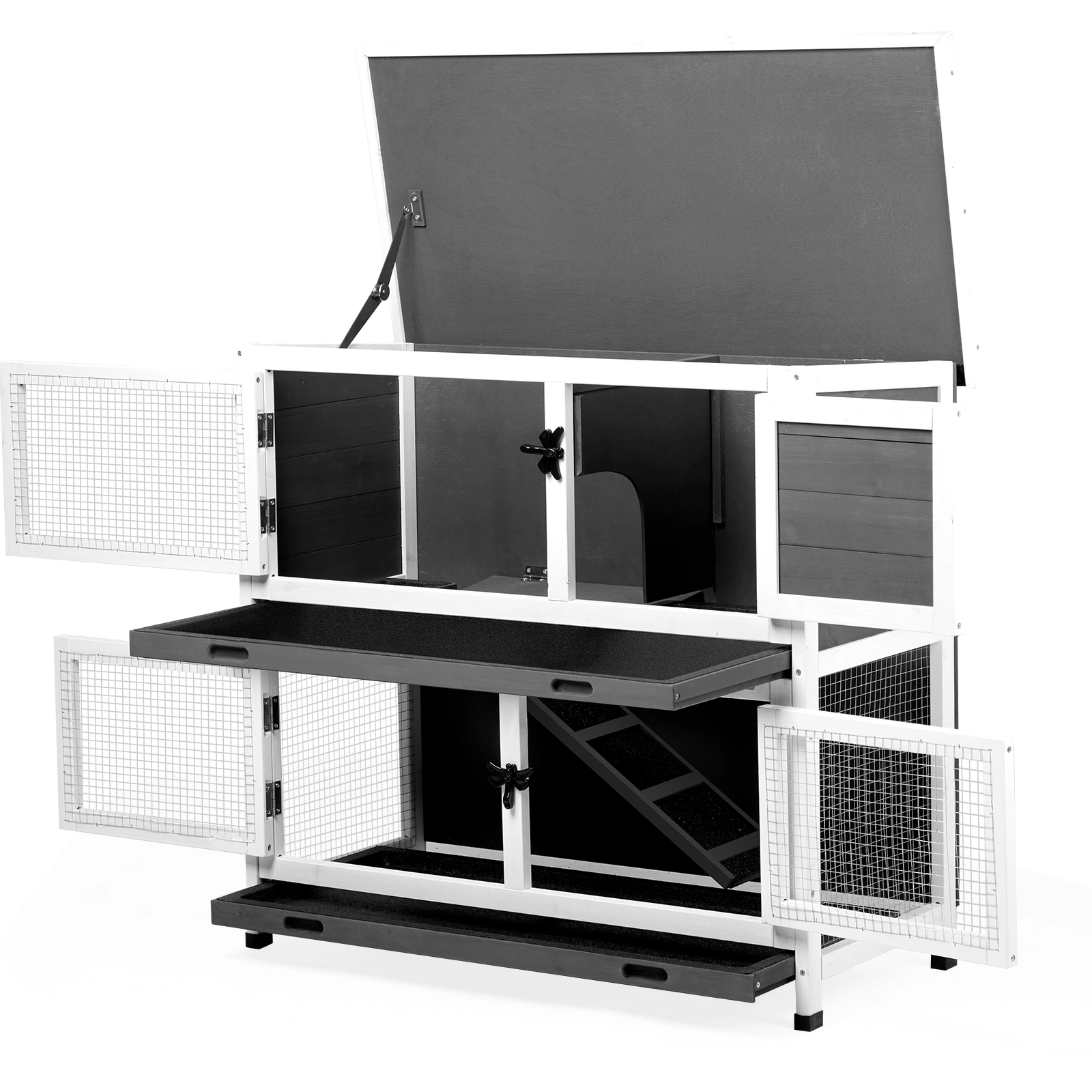 2 Story Solid Wood Rabbit Hutch Bunny Cage with 2 Large Main Rooms, Indoor Outdoor Rabbit House Guinea Pig Cage Pet House for Small Animals with 2 Removable Trays, Grey view 4