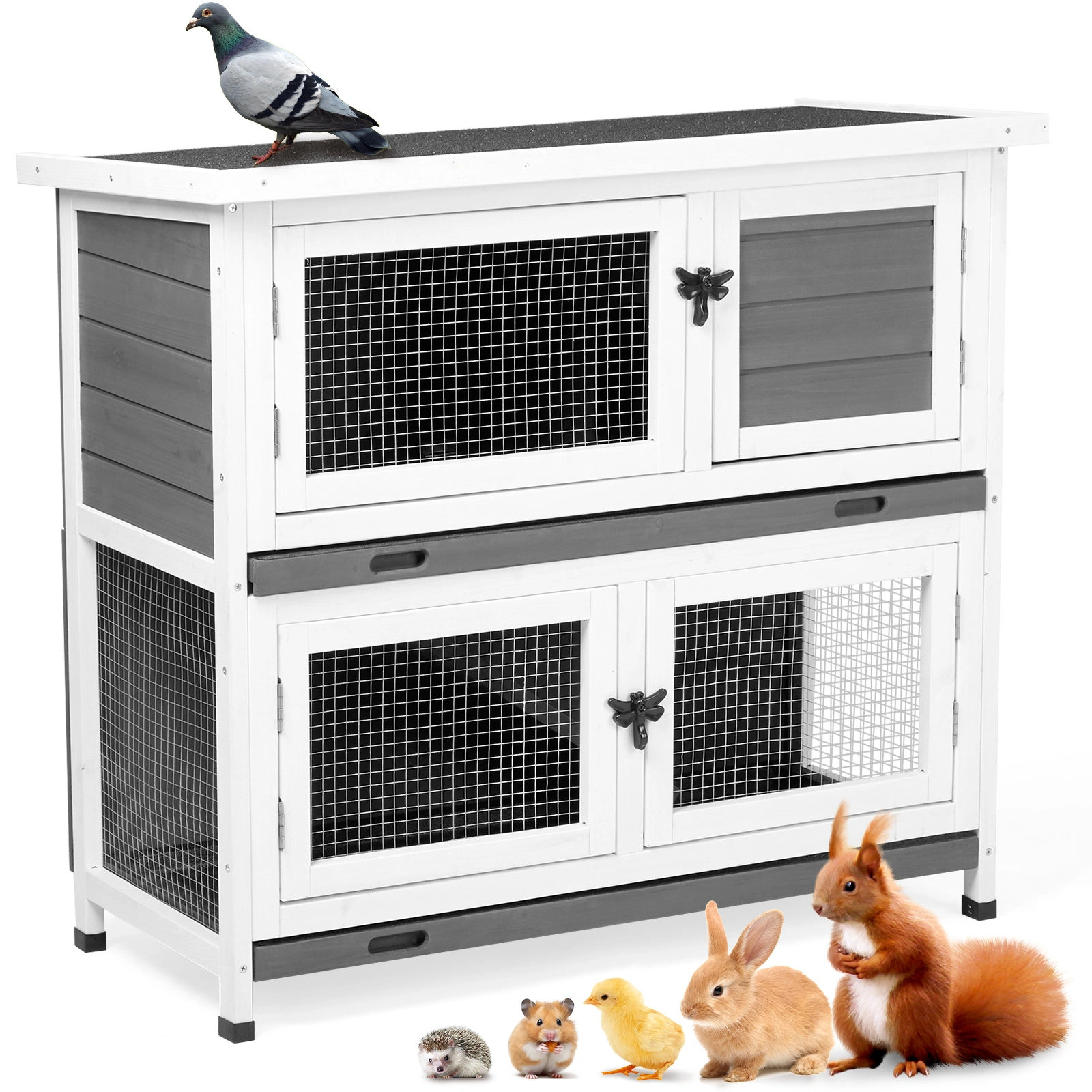 2 Story Solid Wood Rabbit Hutch Bunny Cage with 2 Large Main Rooms, Indoor Outdoor Rabbit House Guinea Pig Cage Pet House for Small Animals with 2 Removable Trays, Grey view 5