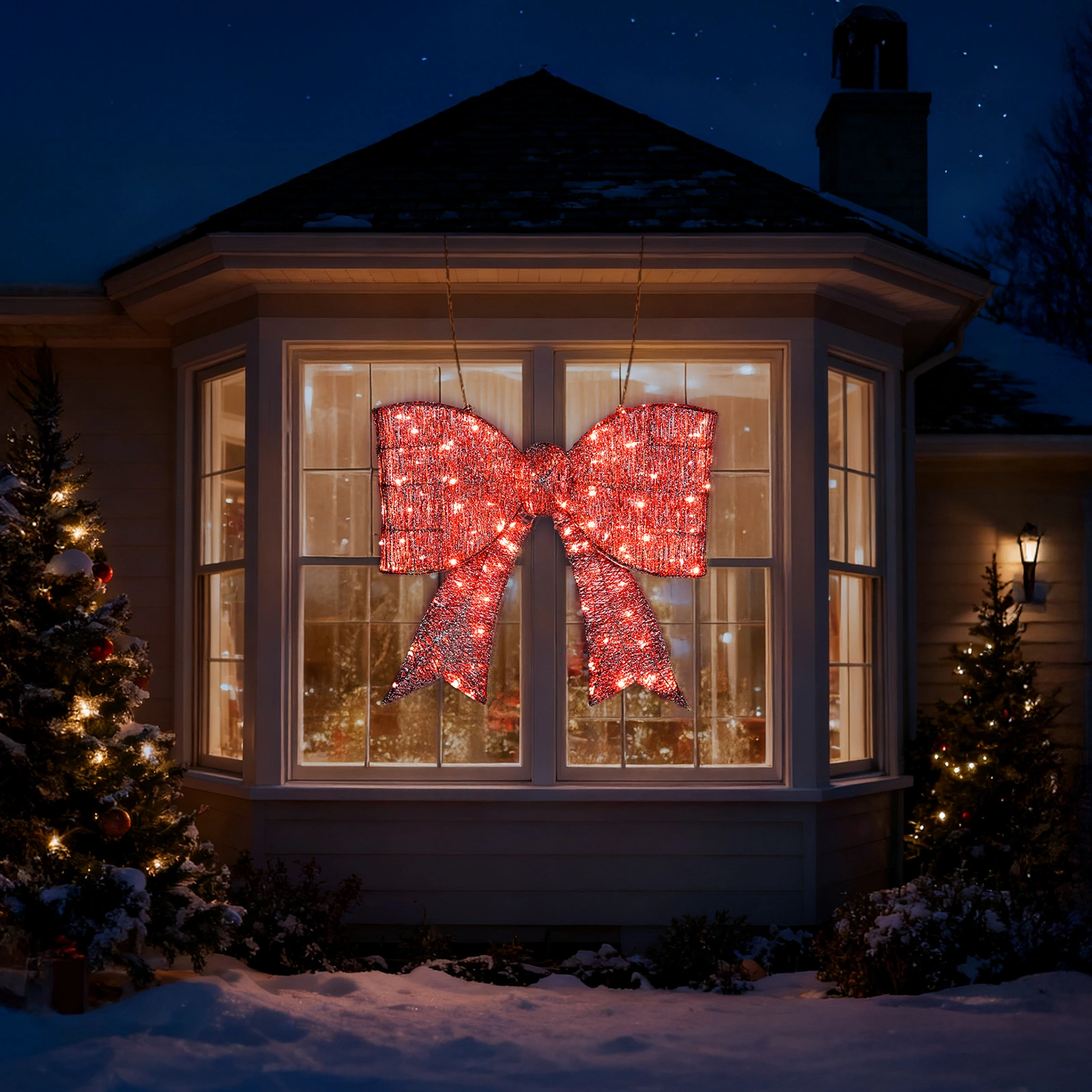 Giant Pre-lit Outdoor Bowknot Christmas Decoration, 124 Warm White LED Lights on Metal Frame, for Front Door Gate Wall, Indoor Outdoor Holiday Party, Red view 4
