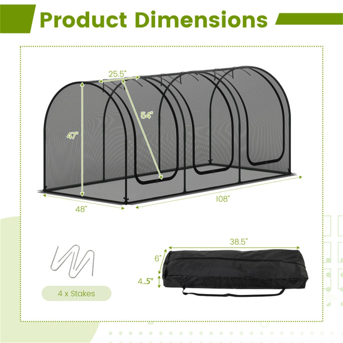 Green 108"x48"x47" Garden Crop Cage with High-Density Nylon Mesh, Plant Protection Tent with Zippered Doors for Vegetables & Flowers view 3