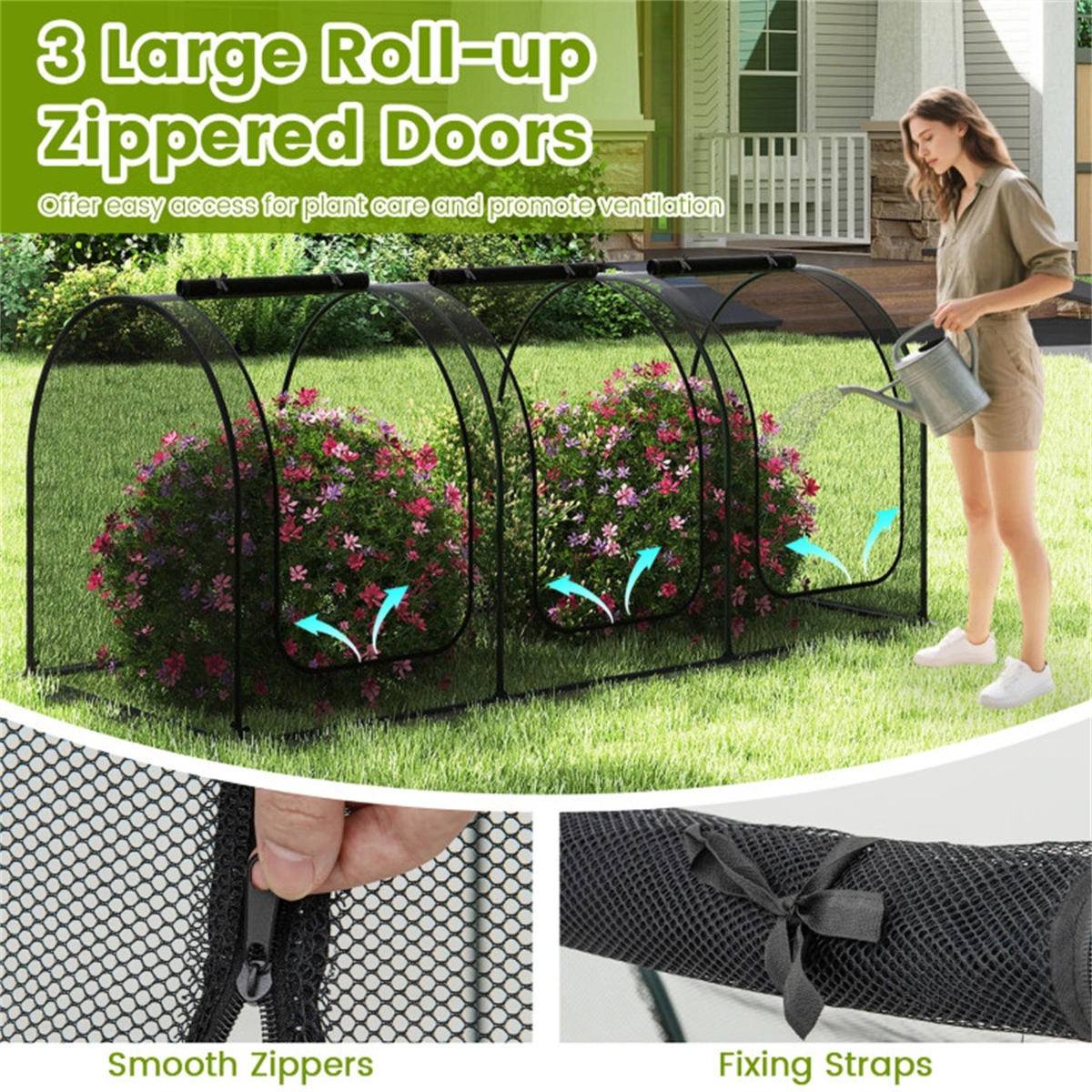 Green 108"x48"x47" Garden Crop Cage with High-Density Nylon Mesh, Plant Protection Tent with Zippered Doors for Vegetables & Flowers view 9