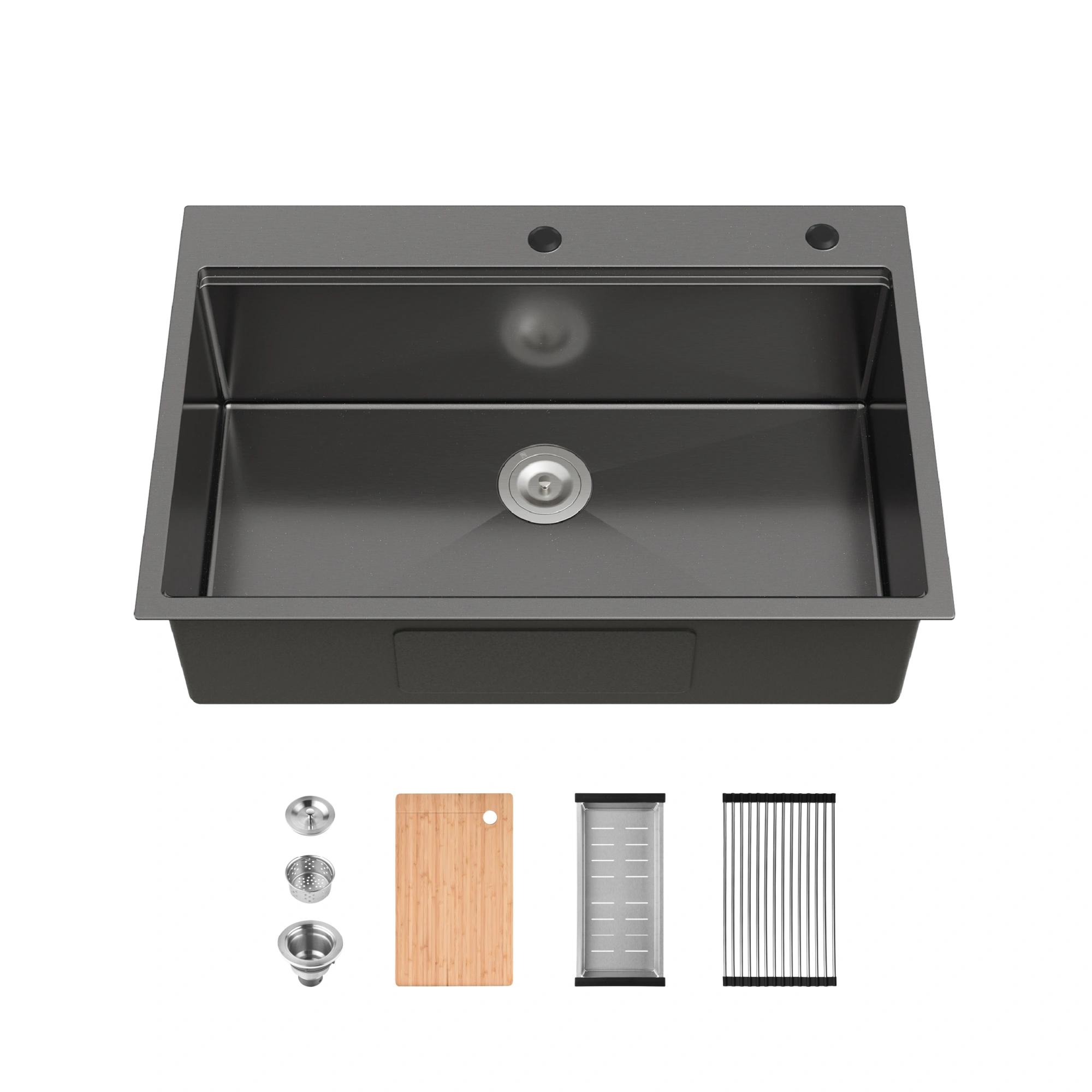 33x22 Black Stainless Steel Kitchen Sink, Single Bowl Overmount Handmade Sink with Cutting Board & Colander