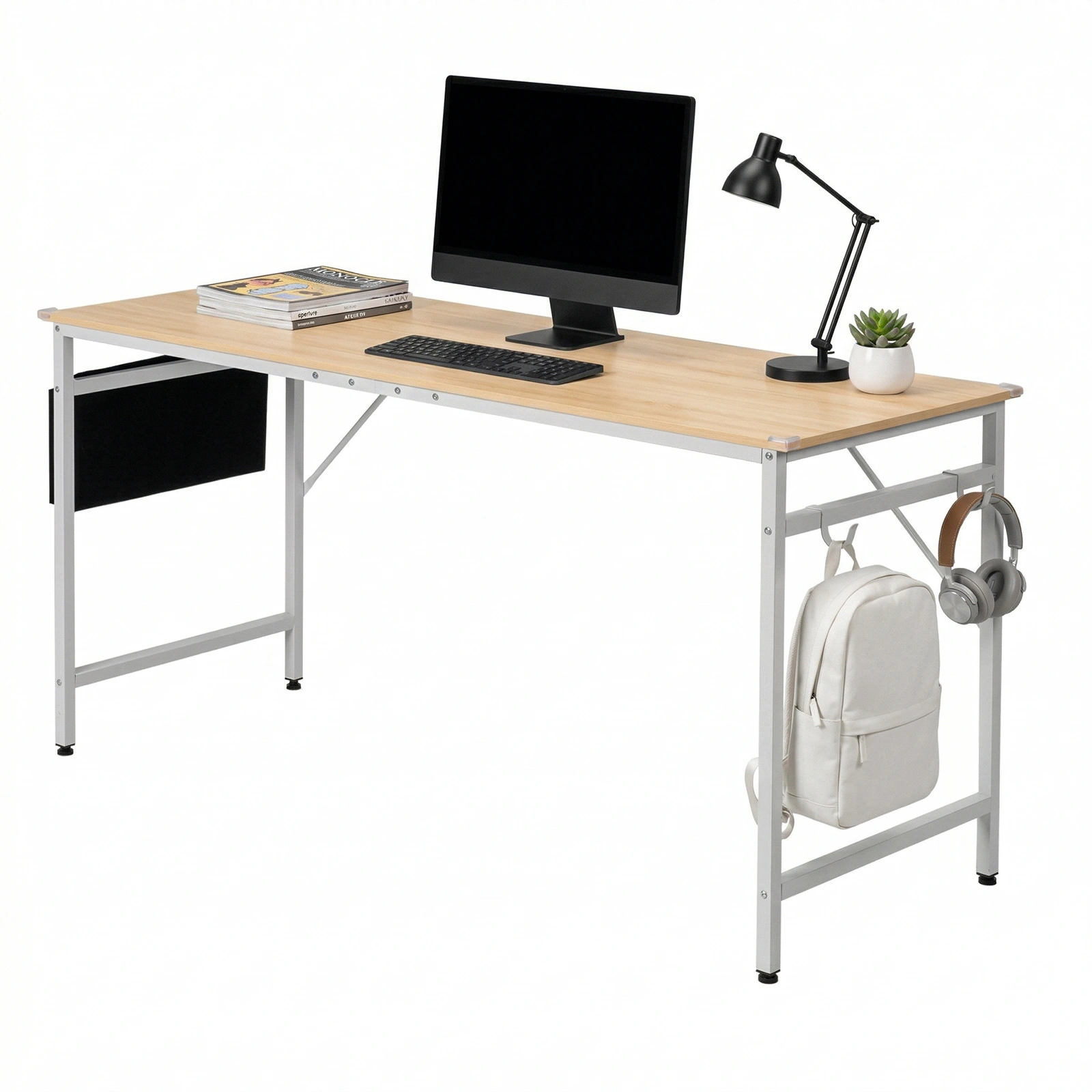 Oak-colored SG001FD P2 particleboard + iron pipe 160cm cut-out computer desk with non-woven fabric storage view 10