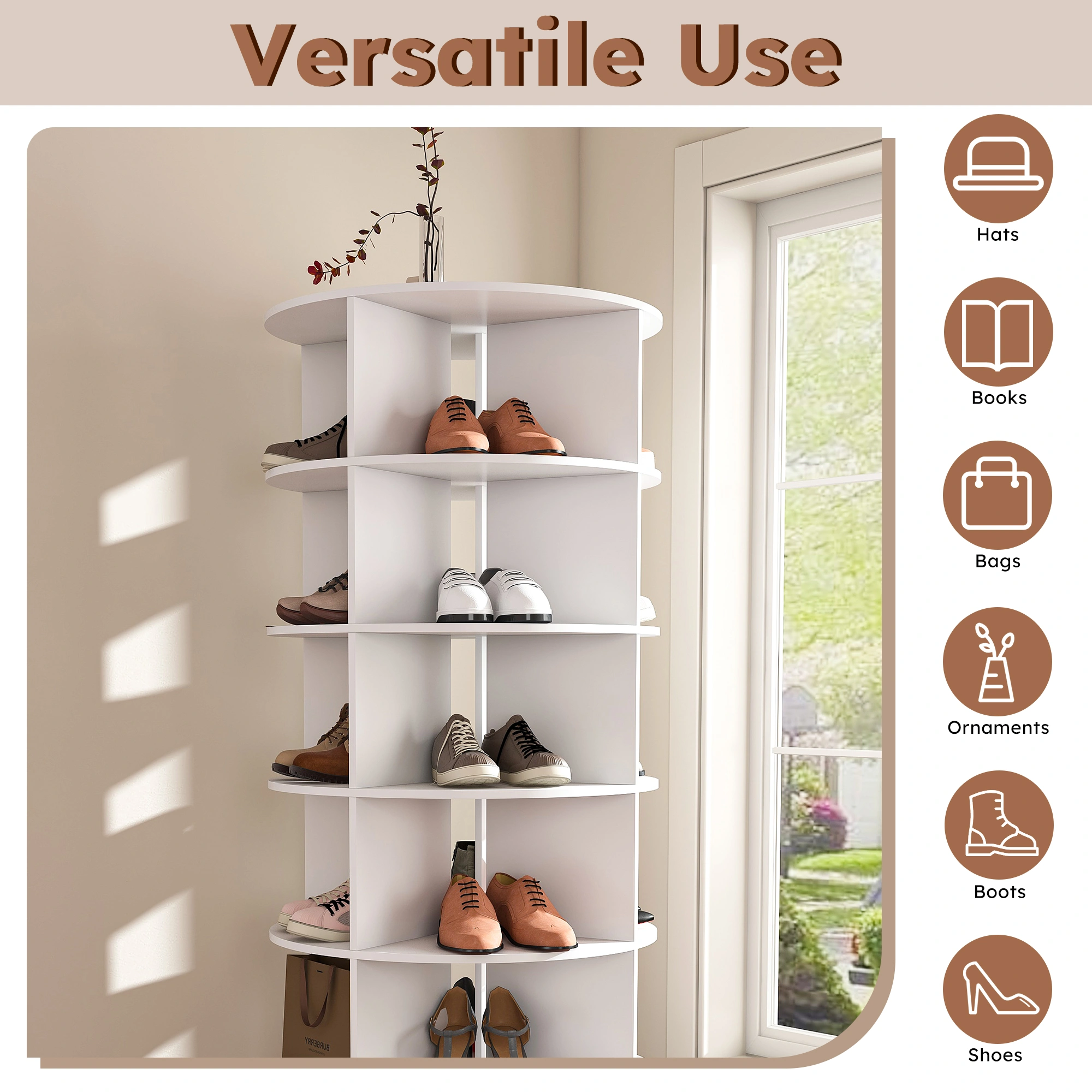 Rotating Shoe Rack Tower, 6-Tier 360° Spinning Shoe Organizer, Free Standing Revolving Shoe Storage with High Bottom Design view 2