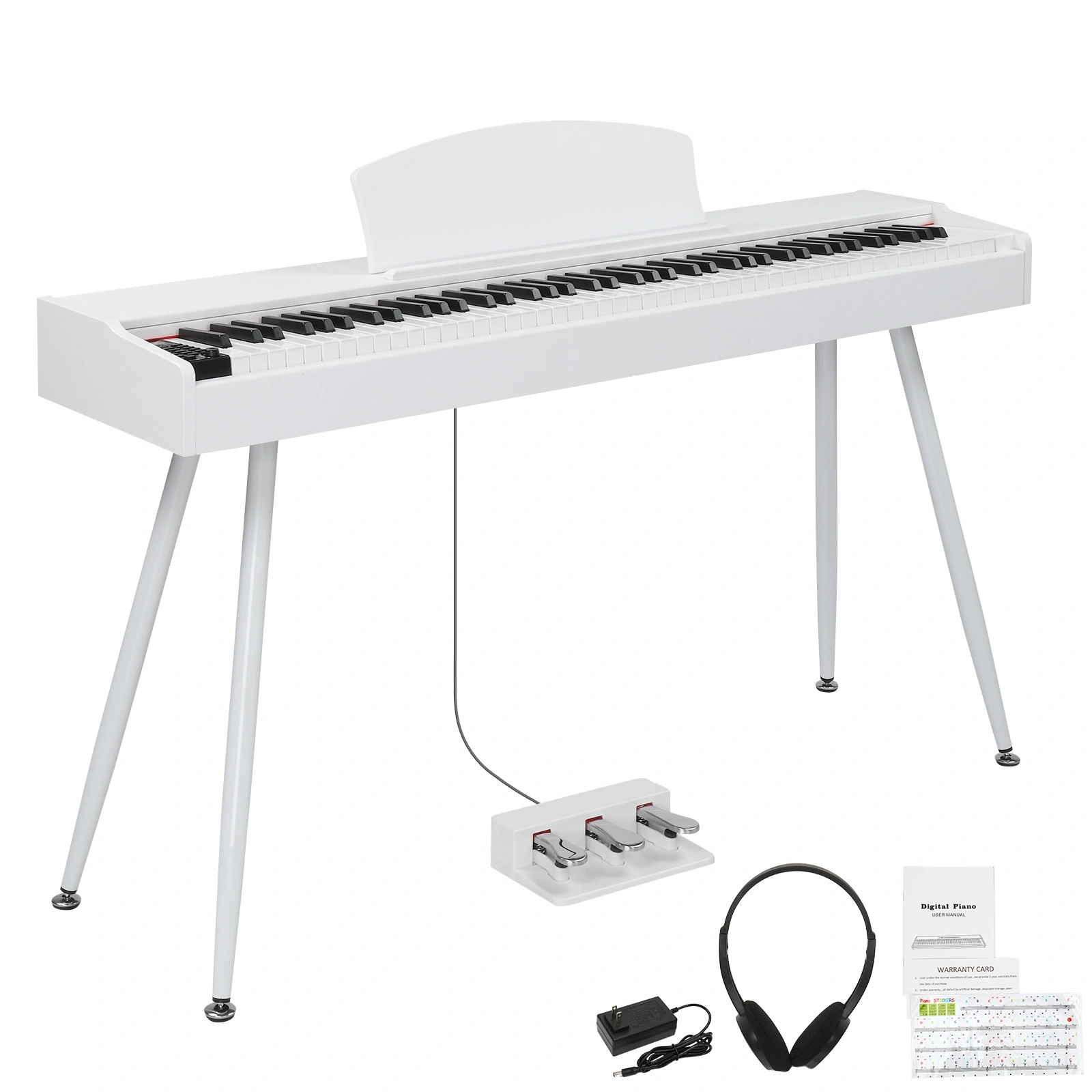 Glarry GDP-203 88-Key Weighted Digital Piano - Full Size Electric Keyboard with Metal Stand, Triple Pedals, Power Adapter, Headphones, White, Beginner to Advanced