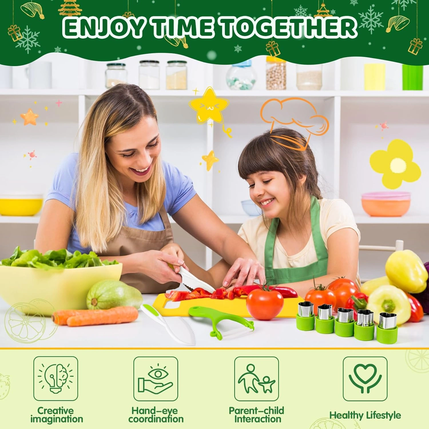 28PCS Knife Set - Kids Knifes for Real Cooking, Montessori Kids Kitchen Knife Set with Cutting Board Crinkle Cutters Kid Safe Knives, Kitchen Tools Old Girl Boy view 3