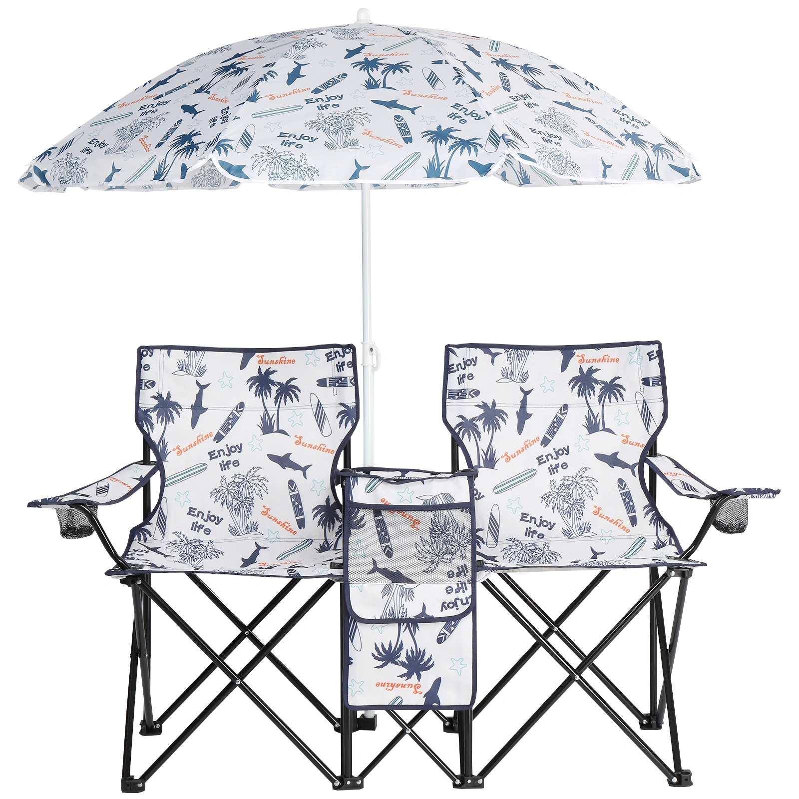Portable Outdoor 2-Seat Folding Chair with Removable Sun Umbrella Coconut Tree view 10