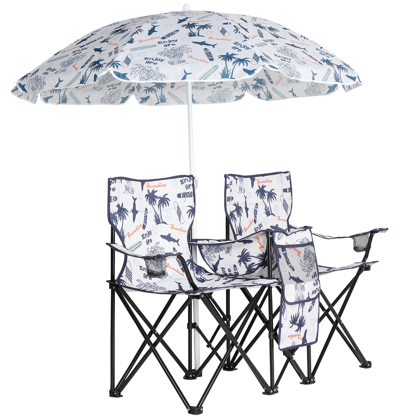 Portable Outdoor 2-Seat Folding Chair with Removable Sun Umbrella Coconut Tree view 11