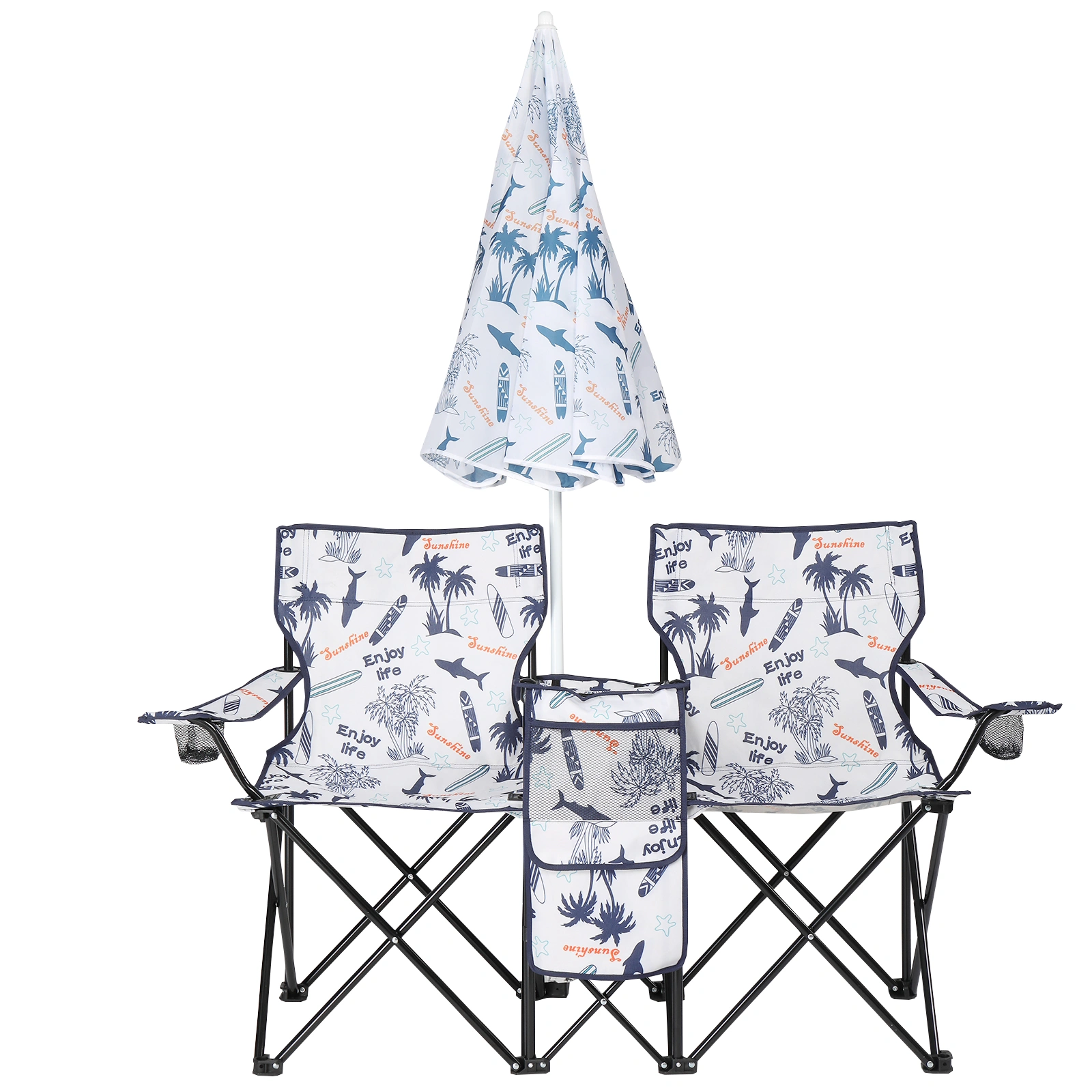 Portable Outdoor 2-Seat Folding Chair with Removable Sun Umbrella Coconut Tree view 12