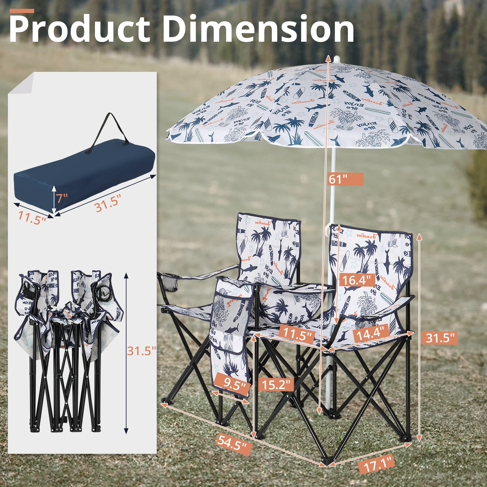Portable Outdoor 2-Seat Folding Chair with Removable Sun Umbrella Coconut Tree view 2