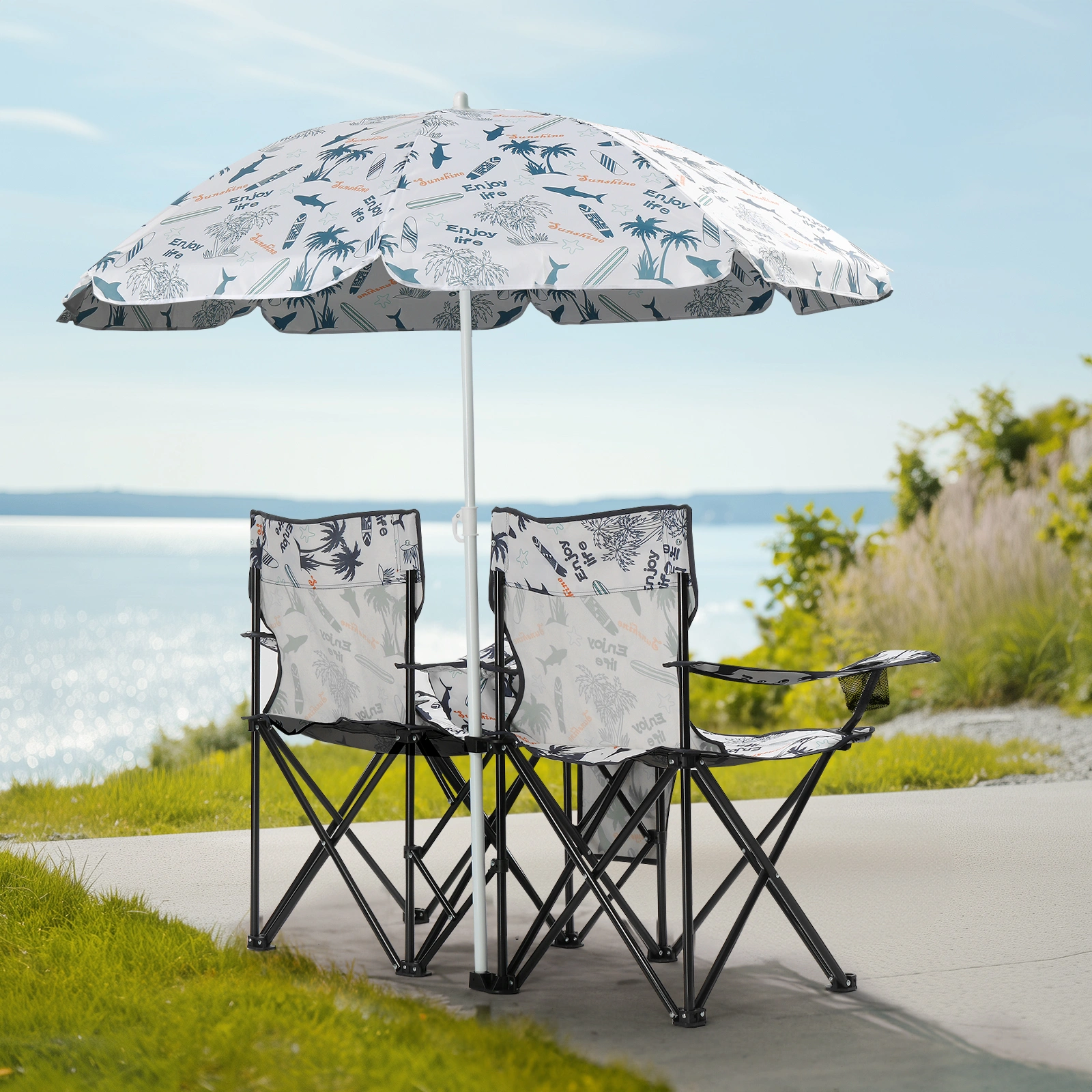 Portable Outdoor 2-Seat Folding Chair with Removable Sun Umbrella Coconut Tree view 3
