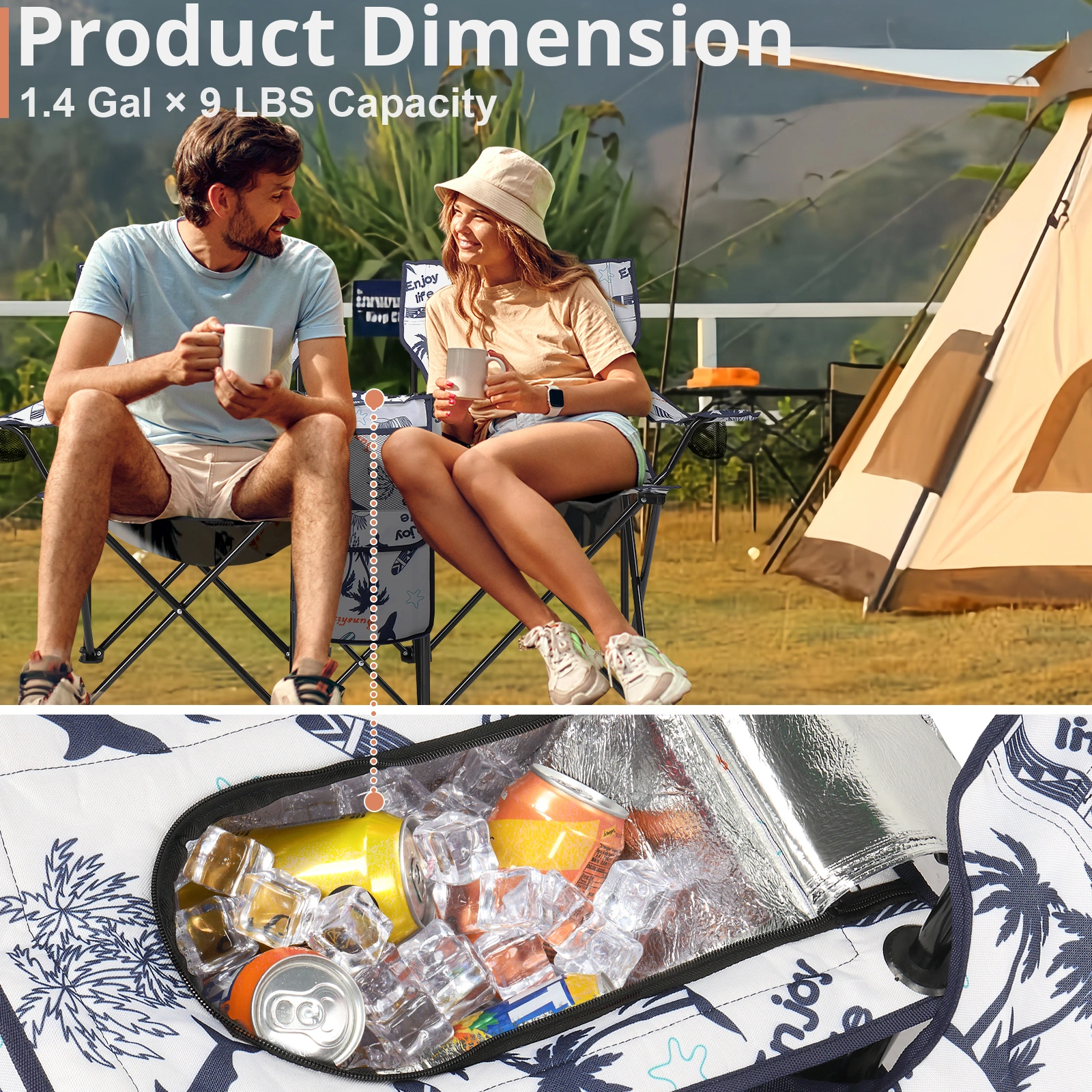 Portable Outdoor 2-Seat Folding Chair with Removable Sun Umbrella Coconut Tree view 4