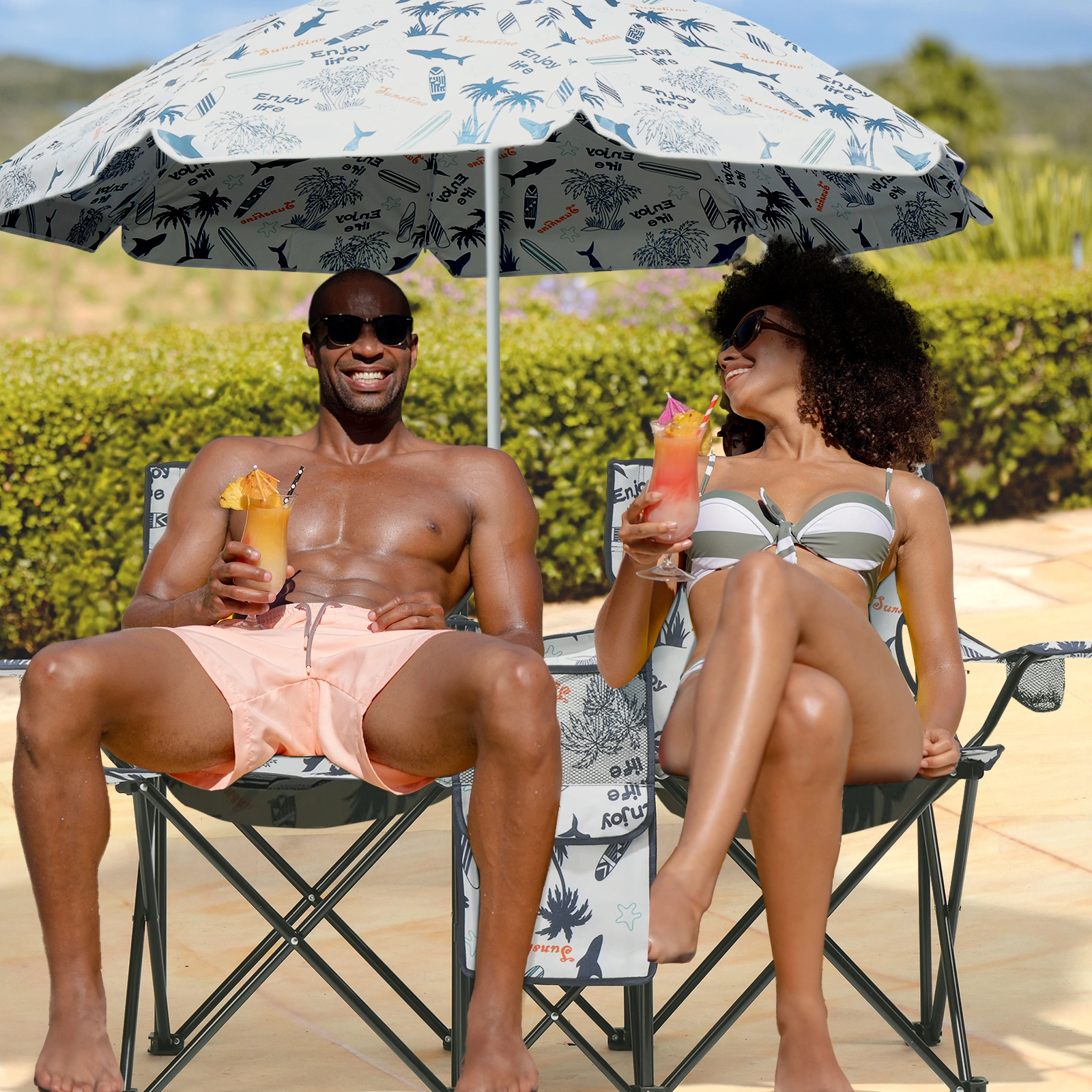 Portable Outdoor 2-Seat Folding Chair with Removable Sun Umbrella Coconut Tree view 5