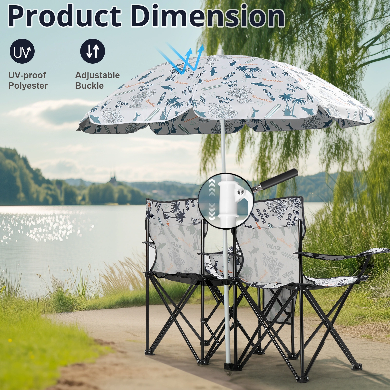 Portable Outdoor 2-Seat Folding Chair with Removable Sun Umbrella Coconut Tree view 6