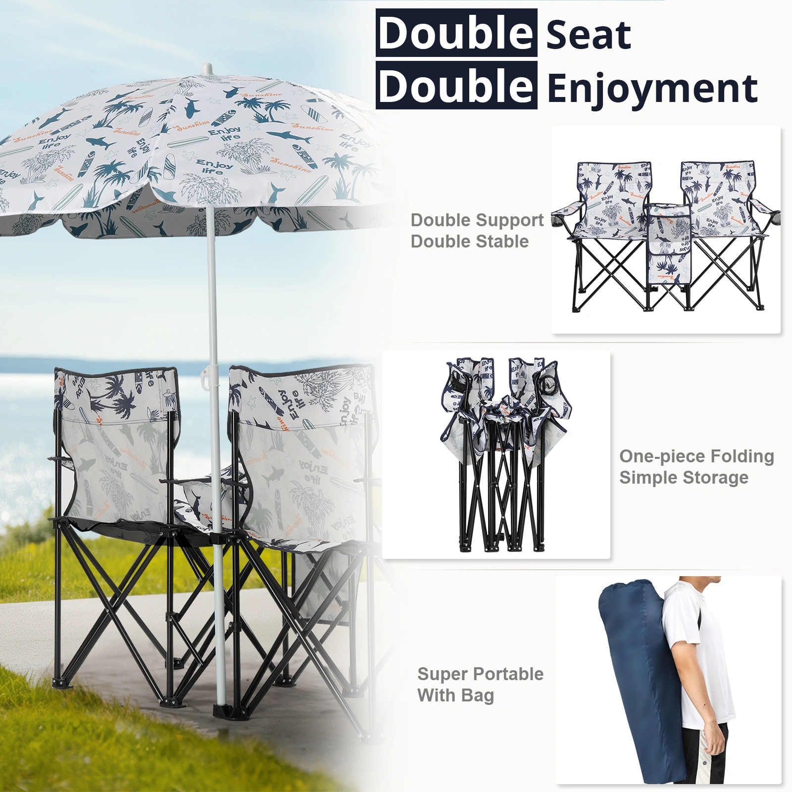 Portable Outdoor 2-Seat Folding Chair with Removable Sun Umbrella Coconut Tree view 7
