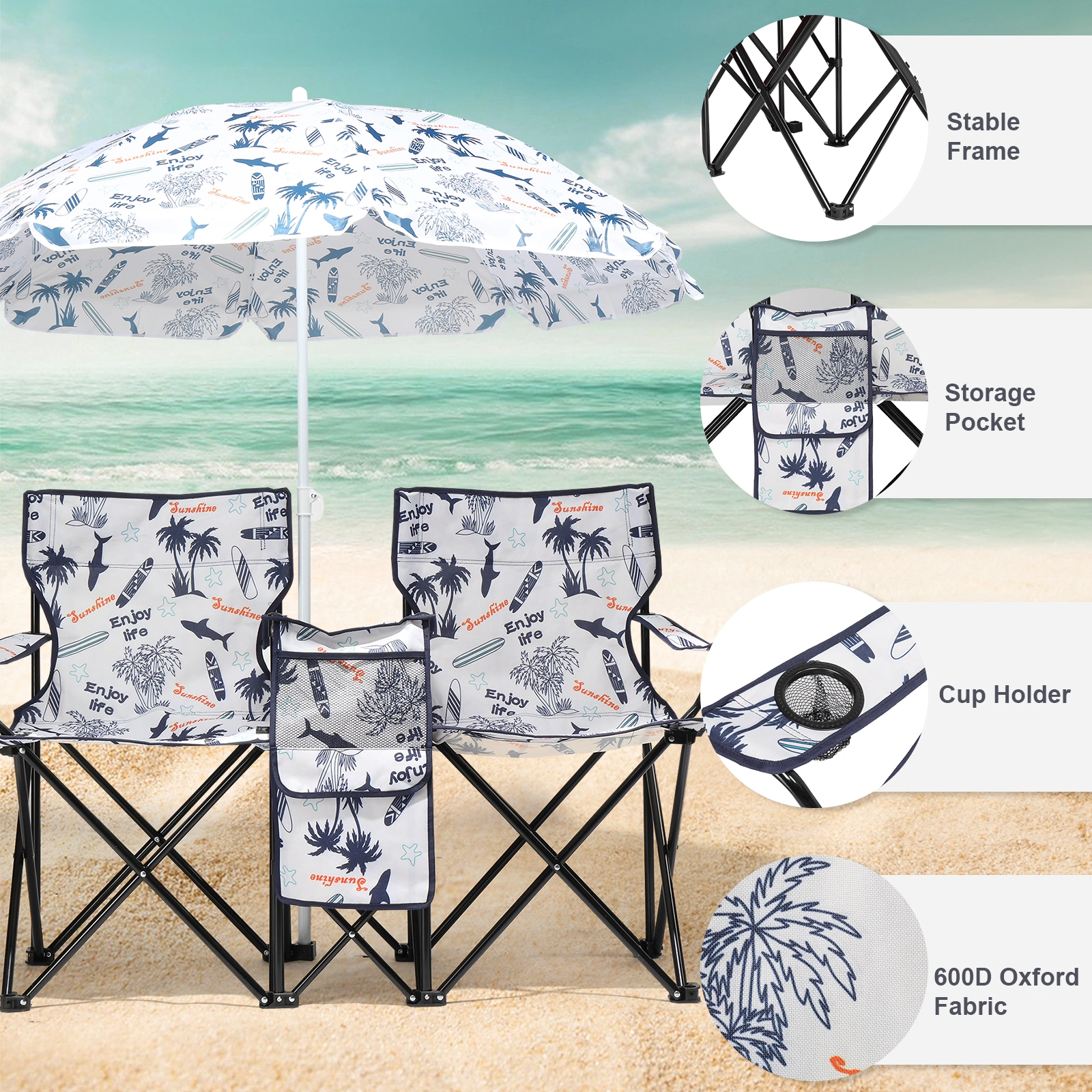 Portable Outdoor 2-Seat Folding Chair with Removable Sun Umbrella Coconut Tree view 8