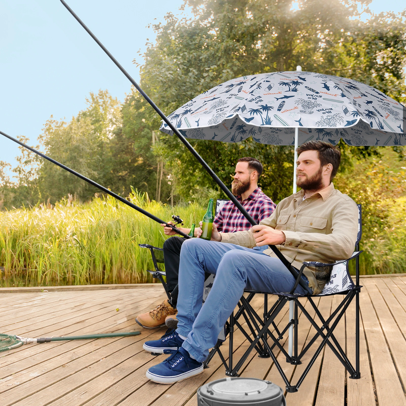 Portable Outdoor 2-Seat Folding Chair with Removable Sun Umbrella Coconut Tree view 9