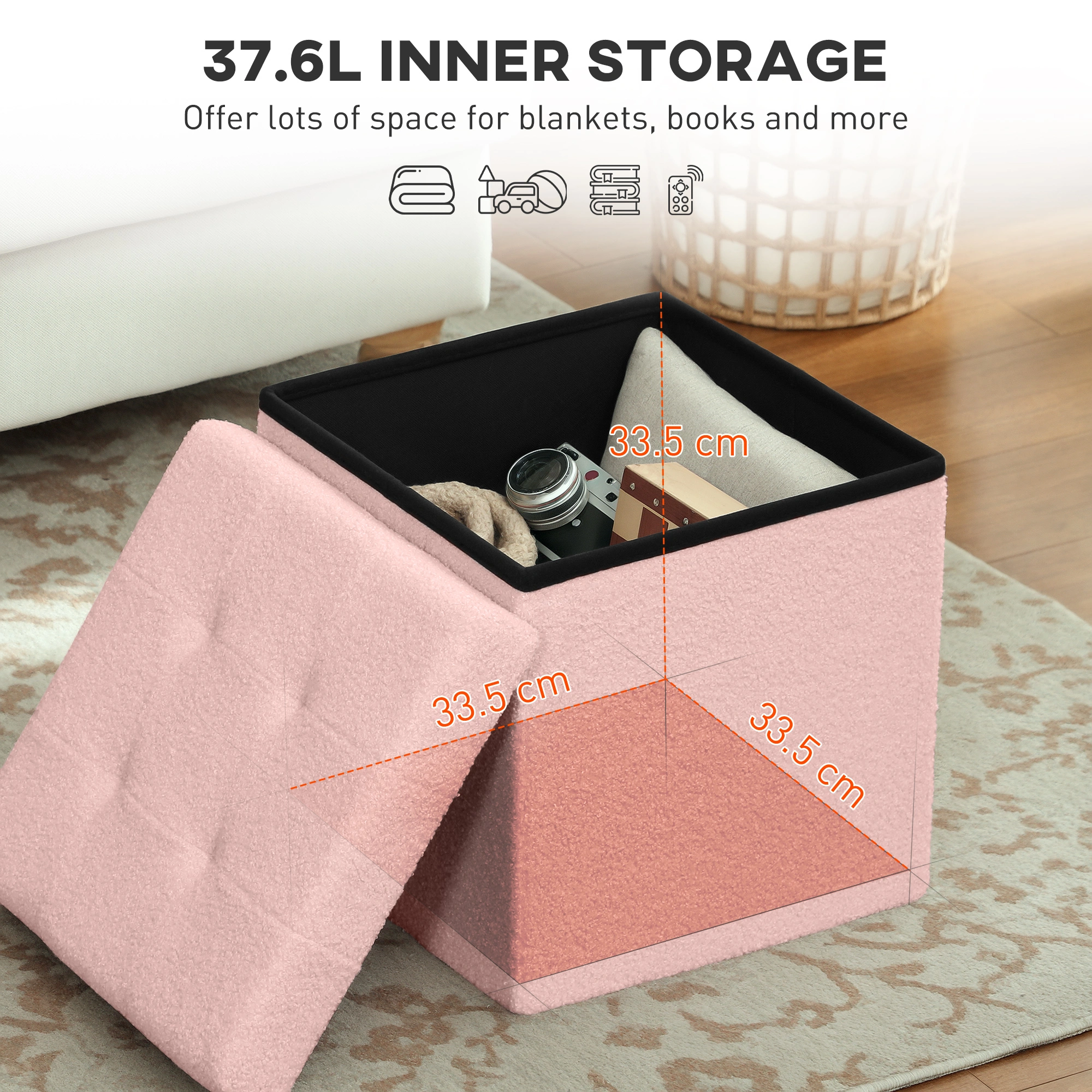 Large Ottoman Storage Box with Lid, Upholstered Foldable Storage Bench Seat Organizer for Bedroom Living Room, Footstool Cube view 2