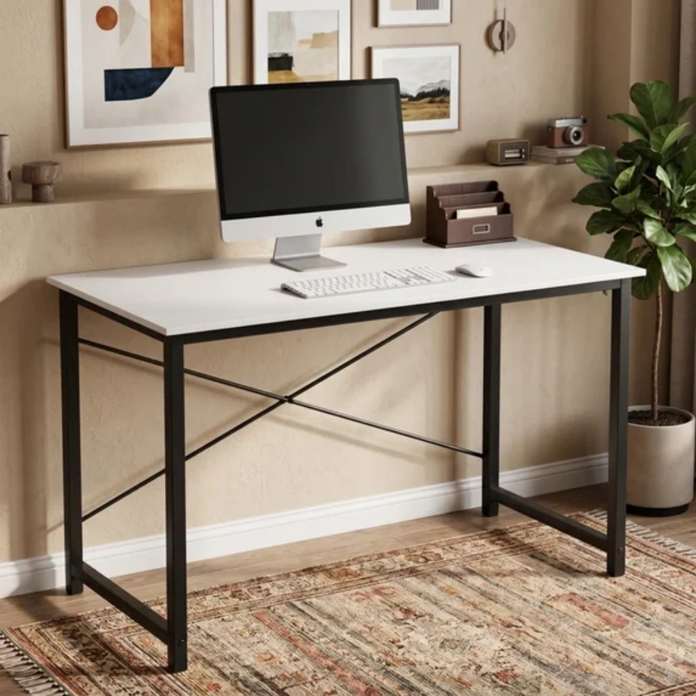47 Inch Computer Desk Gaming Table, Home Office Writing Desk with Sturdy Metal Frame, White Workstation