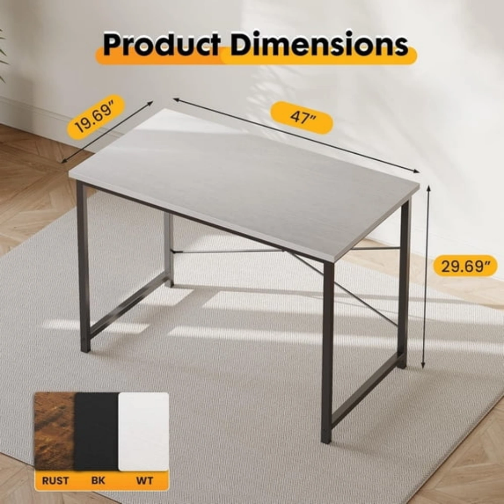 47 Inch Computer Desk Gaming Table, Home Office Writing Desk with Sturdy Metal Frame, White Workstation view 4