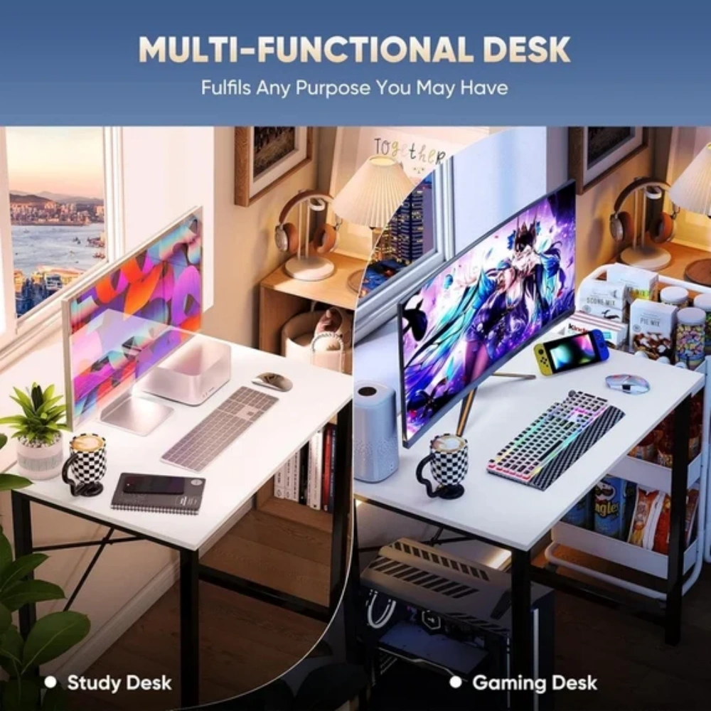 47 Inch Computer Desk Gaming Table, Home Office Writing Desk with Sturdy Metal Frame, White Workstation view 5
