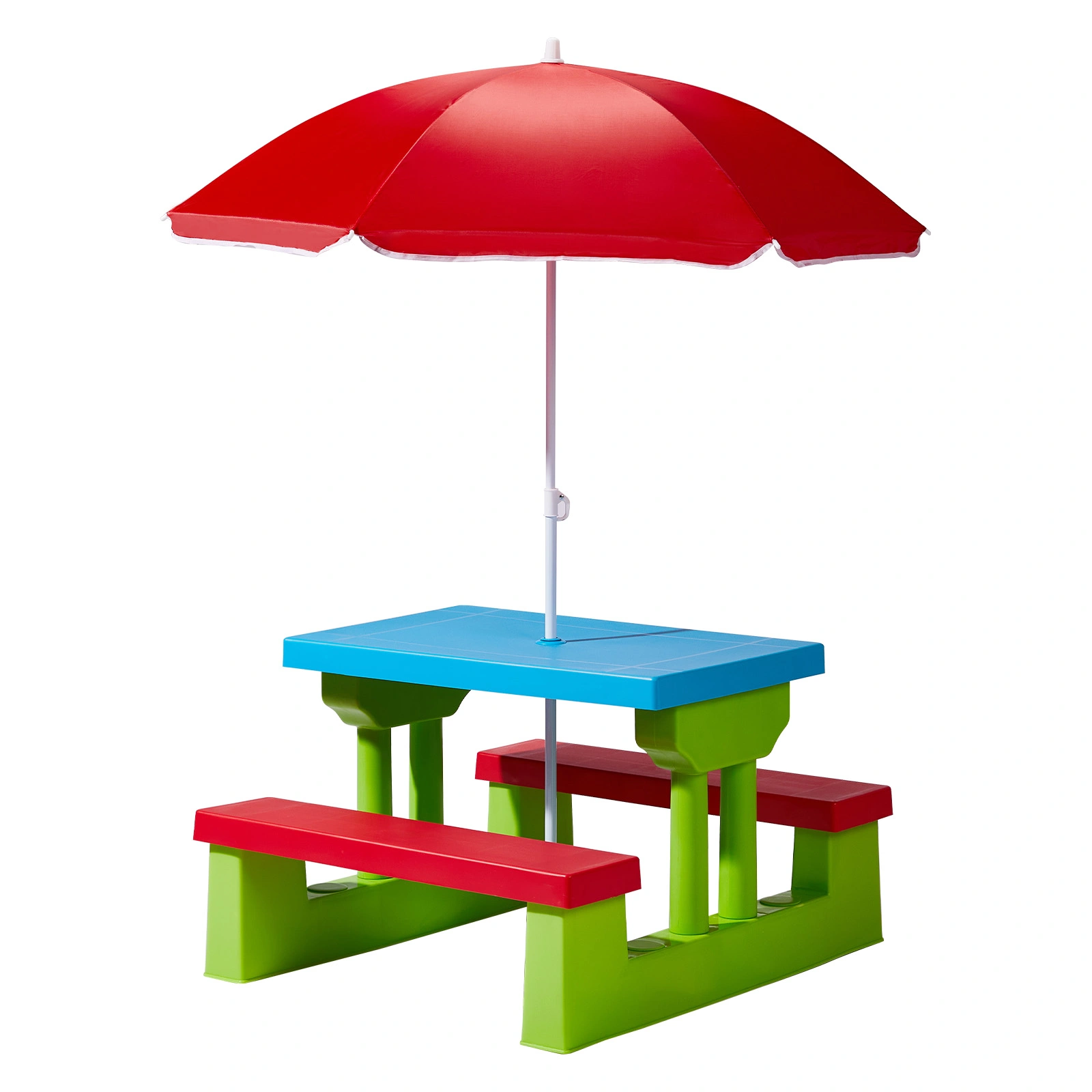Kids Outdoor Table and Chair Sets with Removable Umbrella, Kids Picnic Table for Backyard Garden Patio, Red & Blue & Green view 3