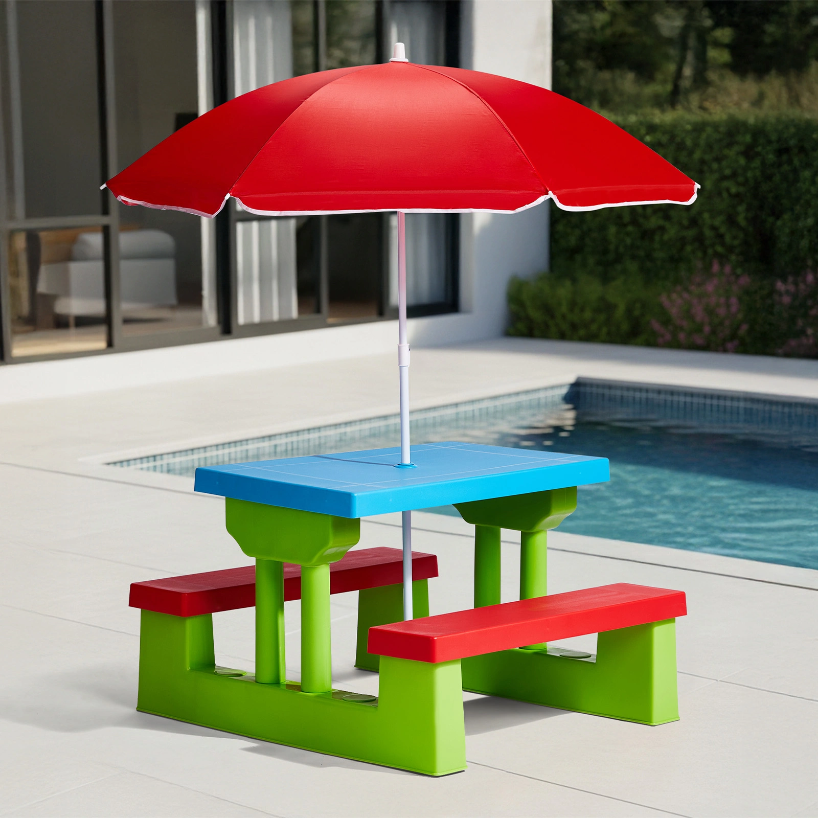 Kids Outdoor Table and Chair Sets with Removable Umbrella, Kids Picnic Table for Backyard Garden Patio, Red & Blue & Green view 5