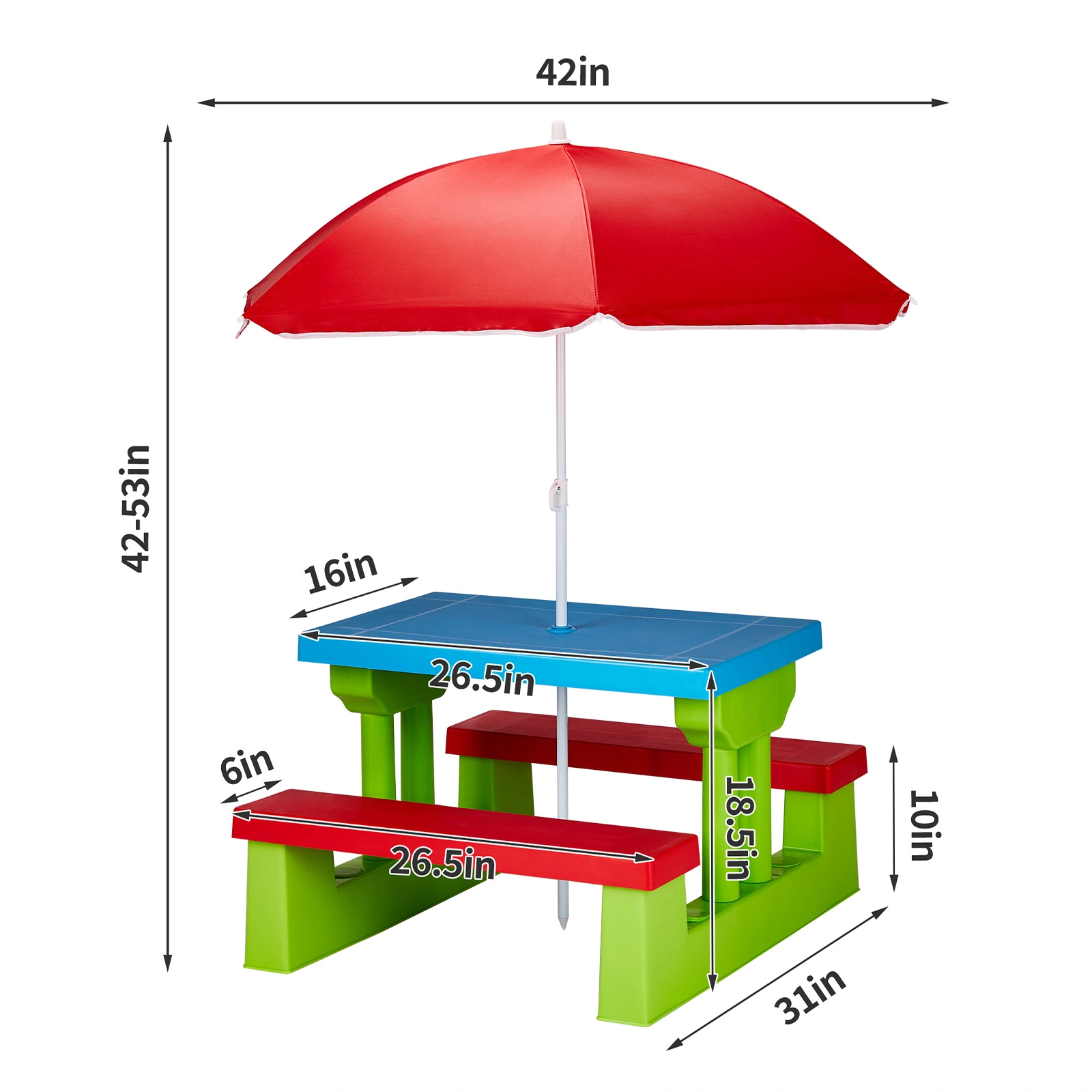 Kids Outdoor Table and Chair Sets with Removable Umbrella, Kids Picnic Table for Backyard Garden Patio, Red & Blue & Green view 7