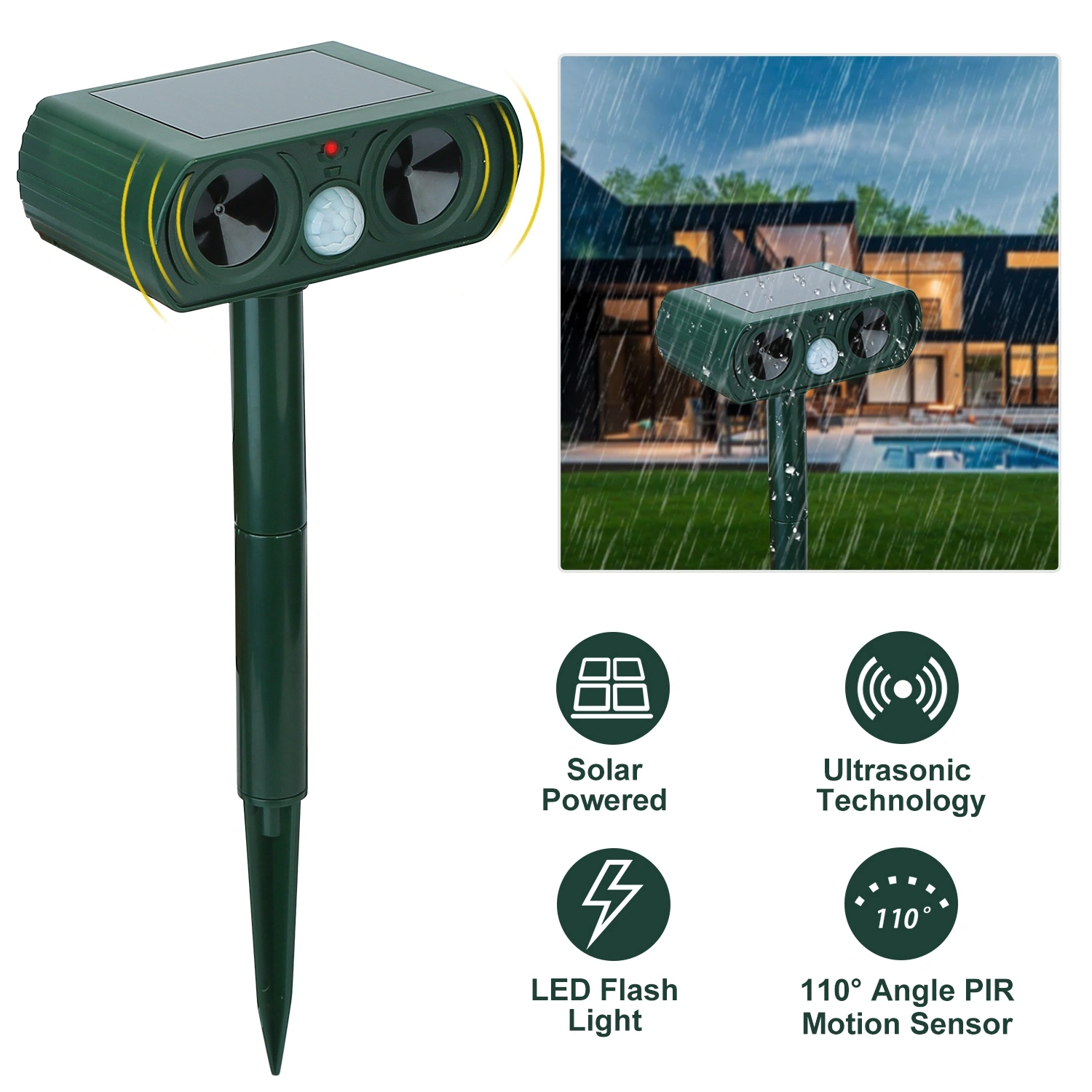 Solar Powered Ultrasonic Animal Repeller, IPX4 Waterproof Motion Sensor Pest Control for Garden, Yard, Farm - Repels Deer, Raccoon, Cat, Dog