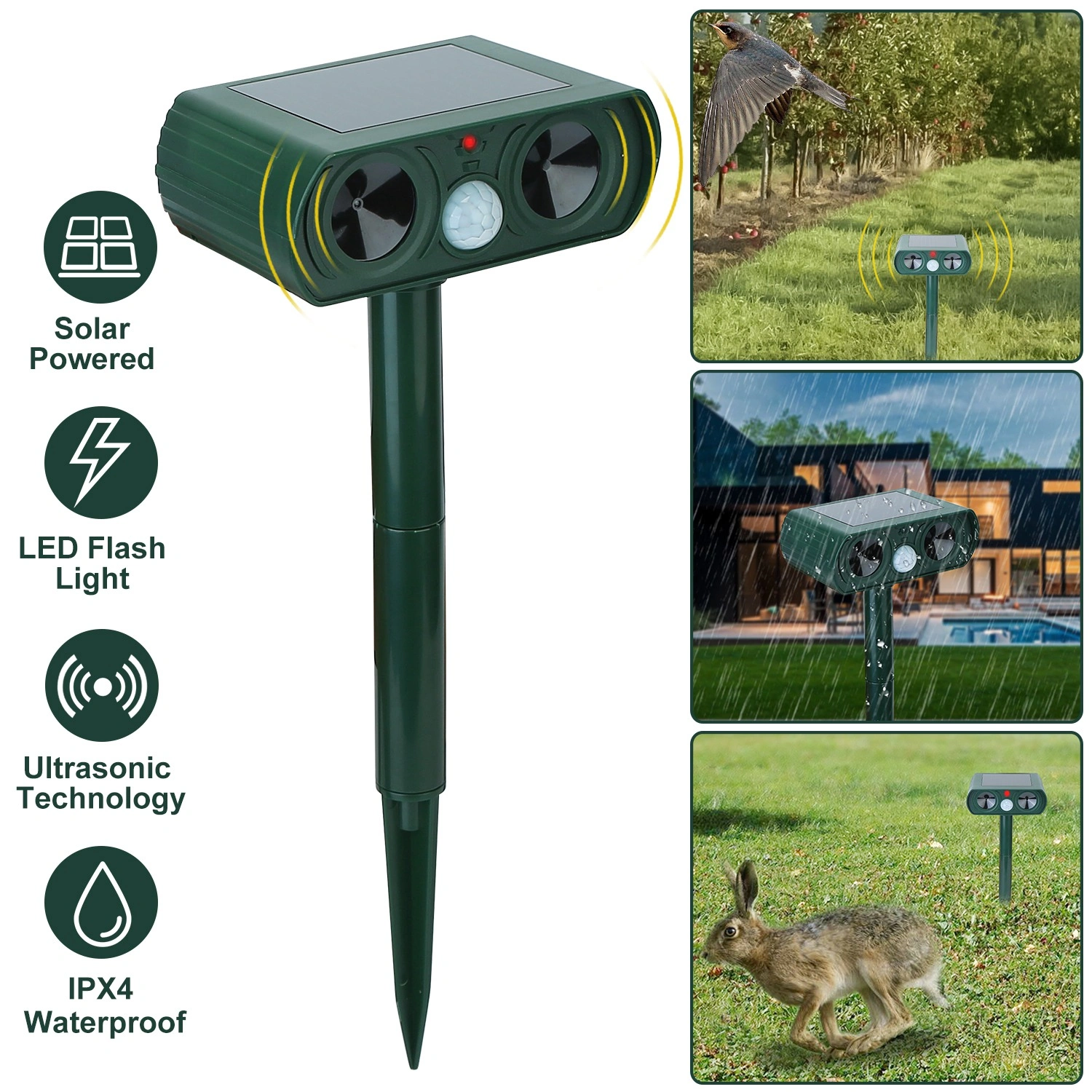 Solar Powered Ultrasonic Animal Repeller, IPX4 Waterproof Motion Sensor Pest Control for Garden, Yard, Farm - Repels Deer, Raccoon, Cat, Dog view 2