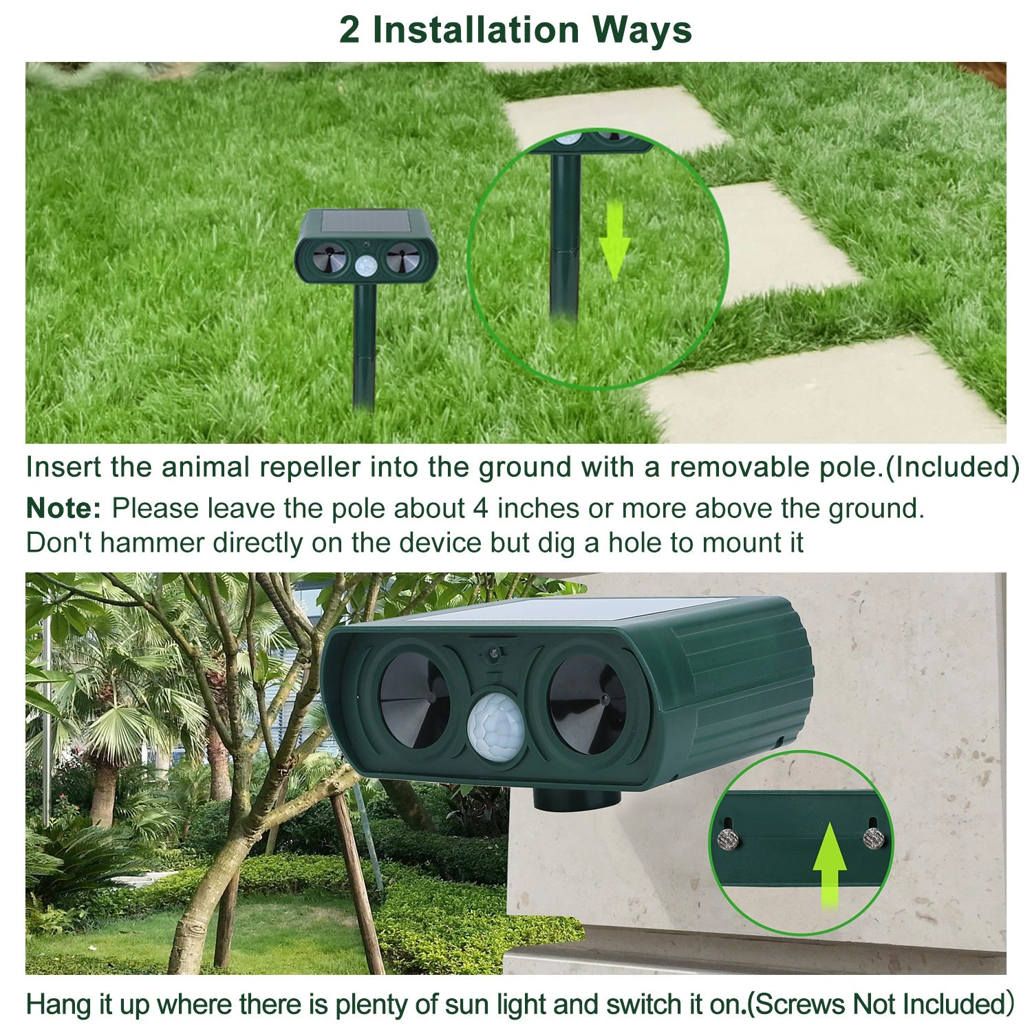 Solar Powered Ultrasonic Animal Repeller, IPX4 Waterproof Motion Sensor Pest Control for Garden, Yard, Farm - Repels Deer, Raccoon, Cat, Dog view 3