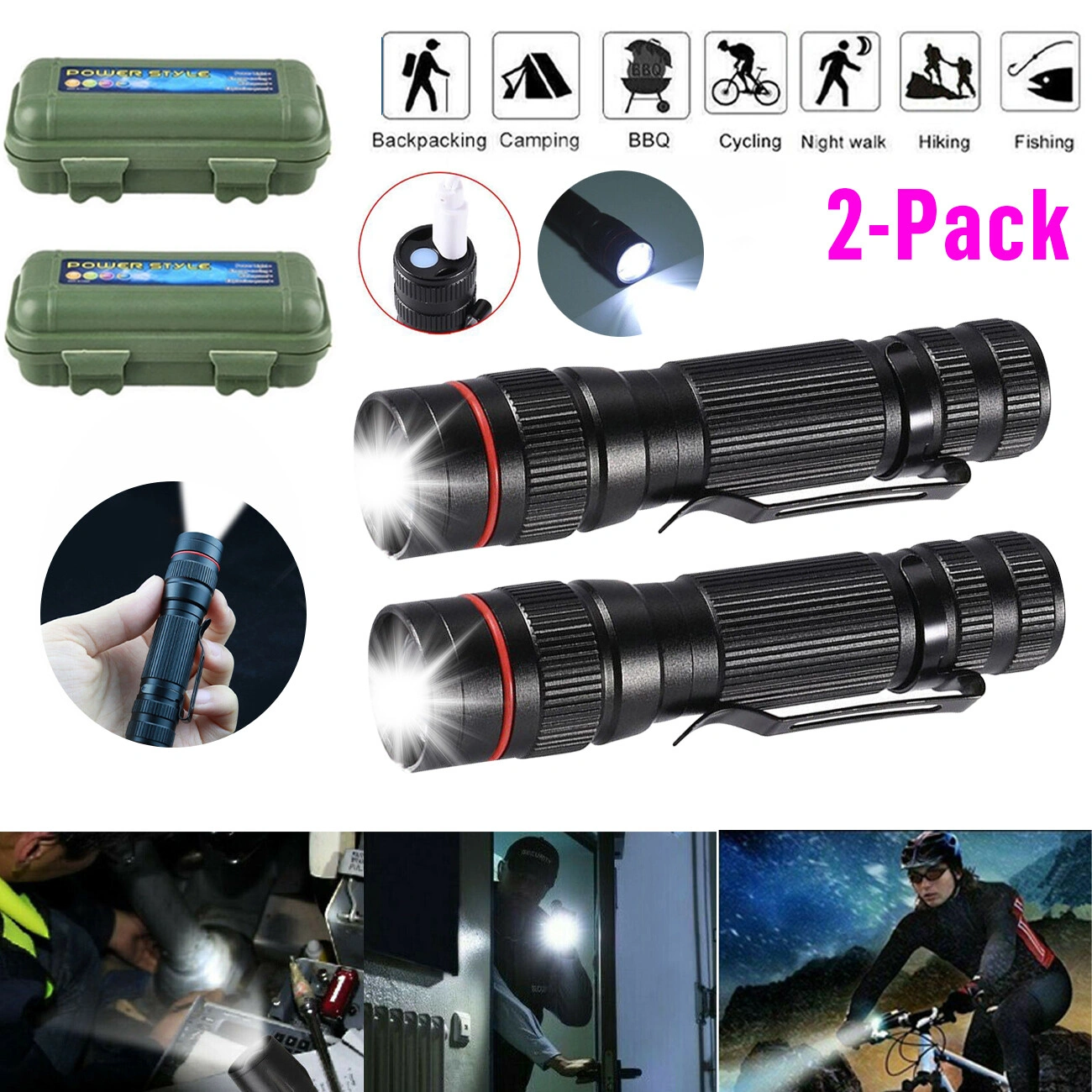 2 Pack USB Rechargeable LED Flashlight | Adjustable Focus, 3 Modes, Outdoor Mini Torch with USB Cable & Mini Box