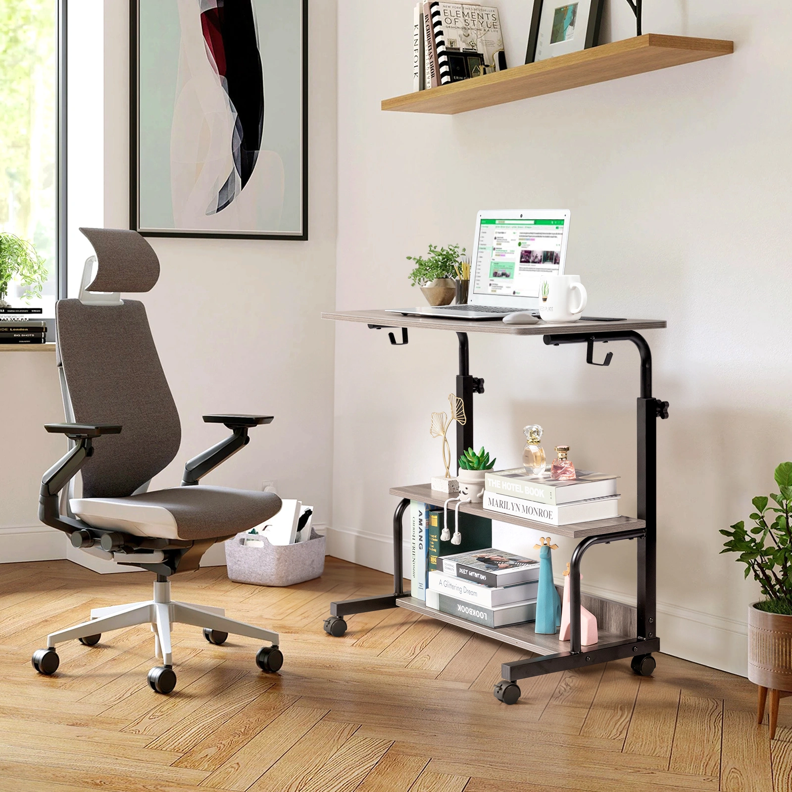 Grey Oak P2 15MM Particle Board with Melamine Coating Adjustable Computer Desk with 3 USB + 2 AC Outlets view 11
