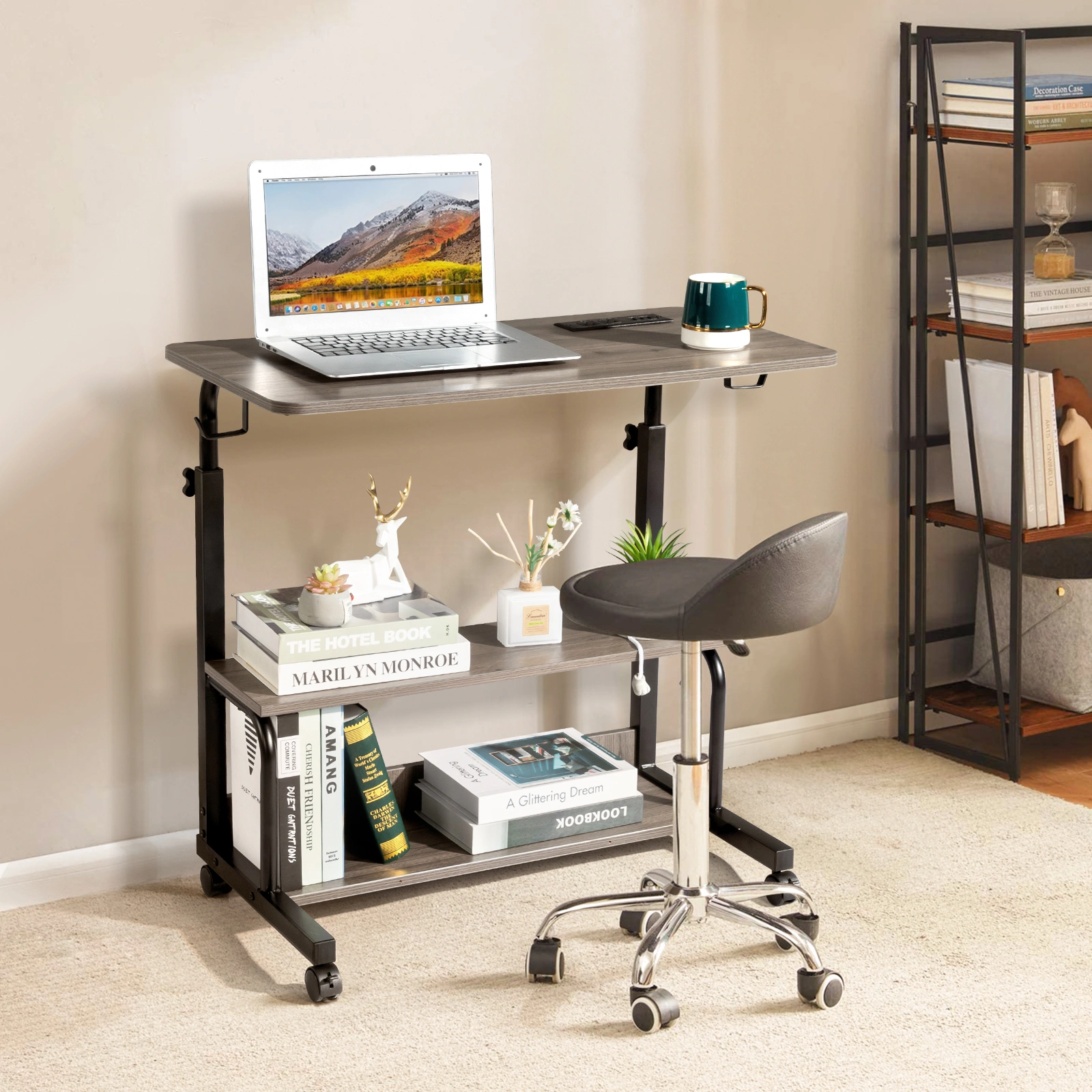 Grey Oak P2 15MM Particle Board with Melamine Coating Adjustable Computer Desk with 3 USB + 2 AC Outlets view 13