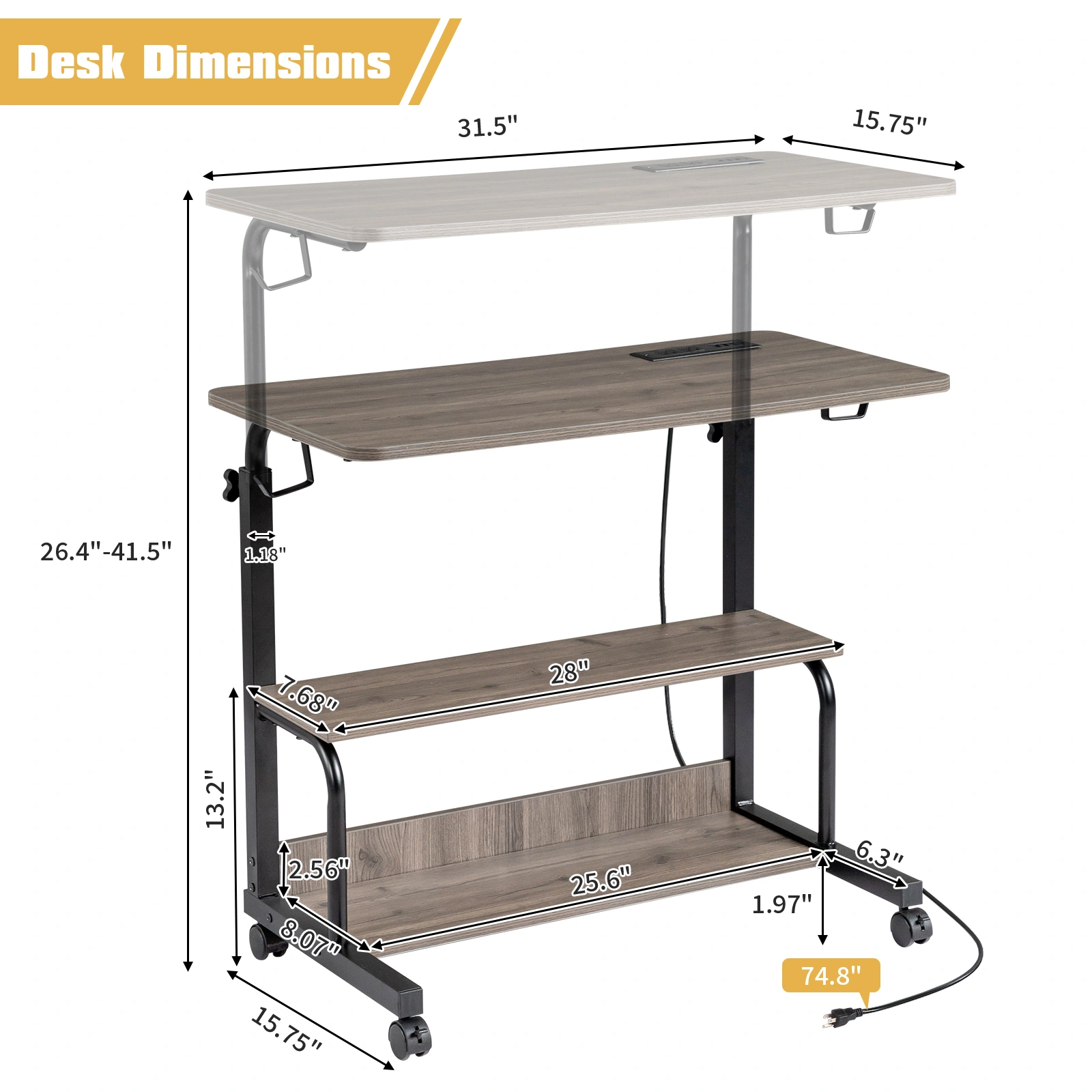 Grey Oak P2 15MM Particle Board with Melamine Coating Adjustable Computer Desk with 3 USB + 2 AC Outlets view 14
